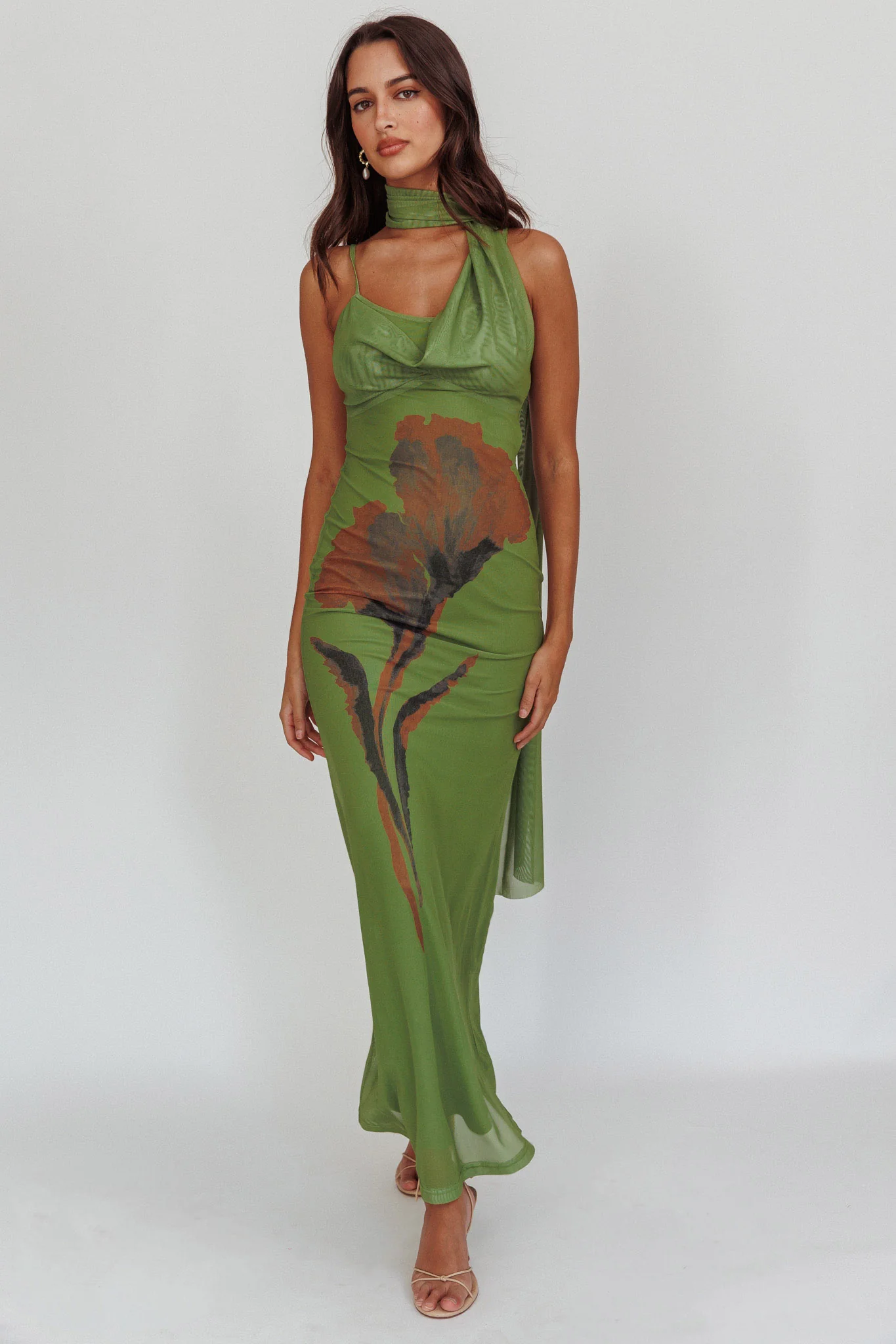 No Surprises Scarfed Floral Maxi Dress Green