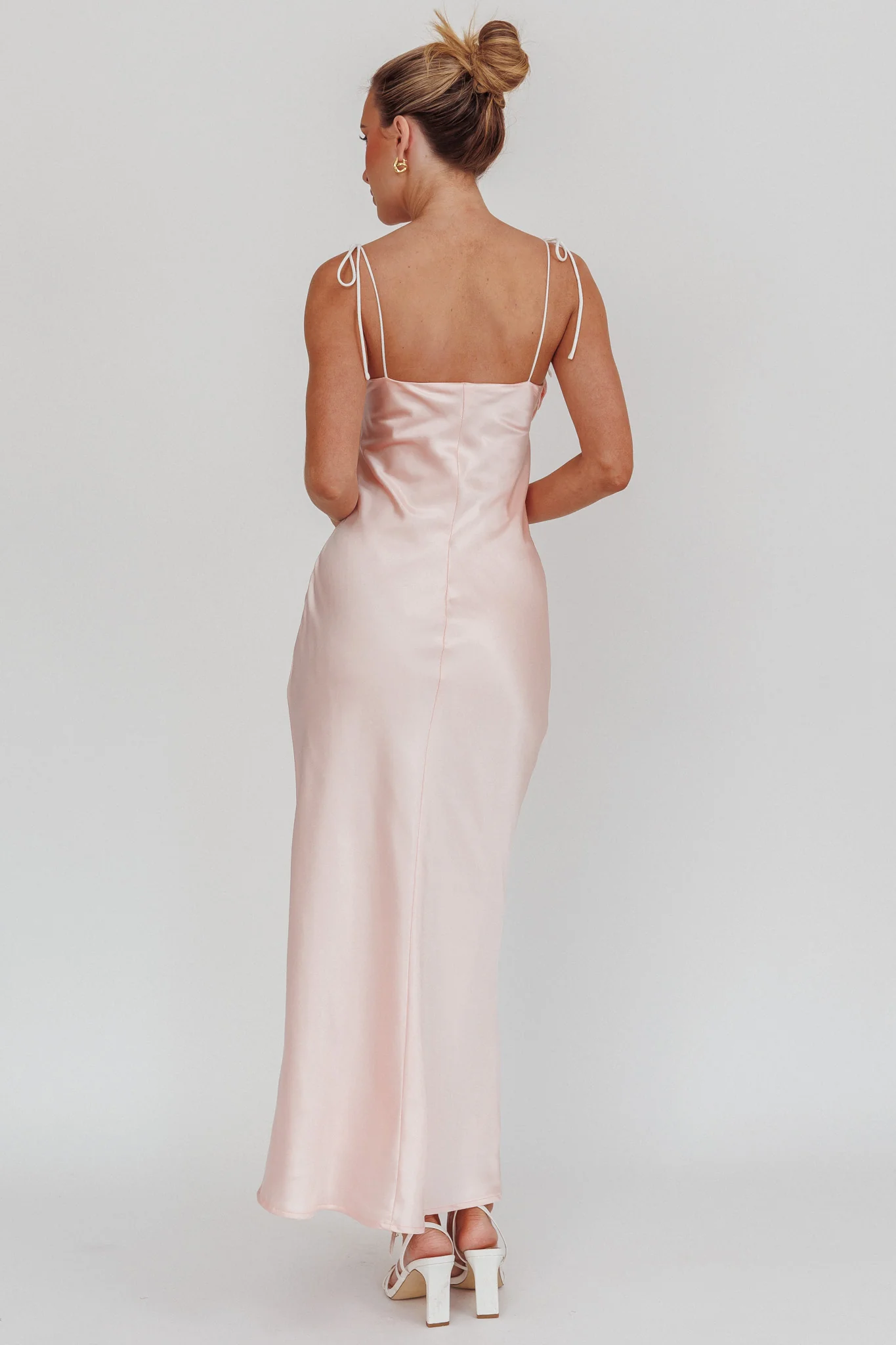 Slow Burn Tied Shoulders Satin Maxi Dress Pink