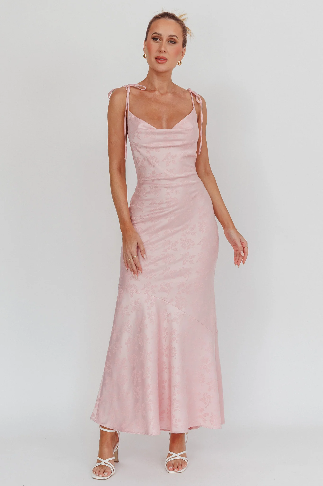 Belonging Cowl Neck Tied Shoulders Maxi Dress Blush