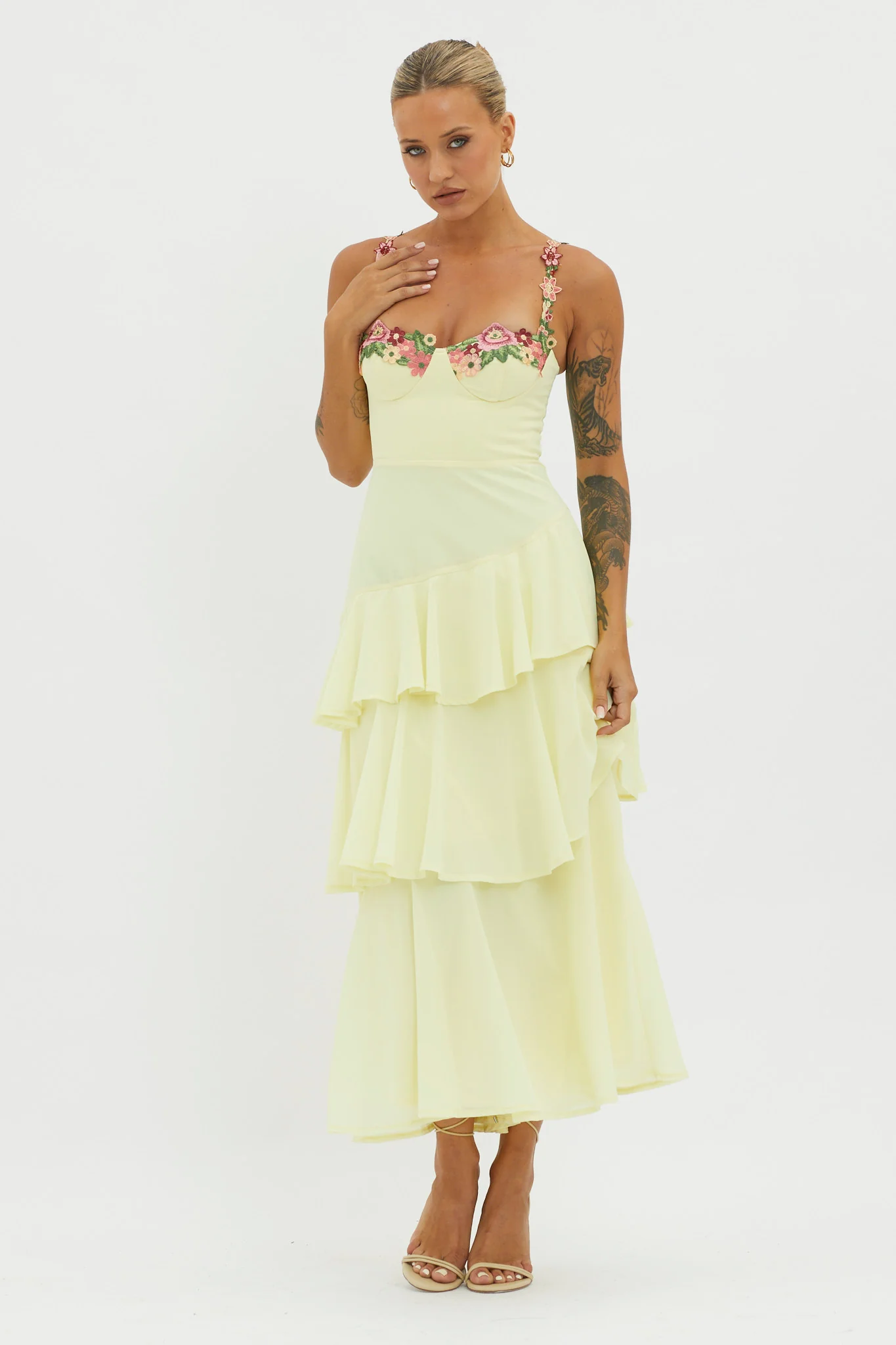 Rose Garden Tiered Ruffle Floral Trim Dress Lemon