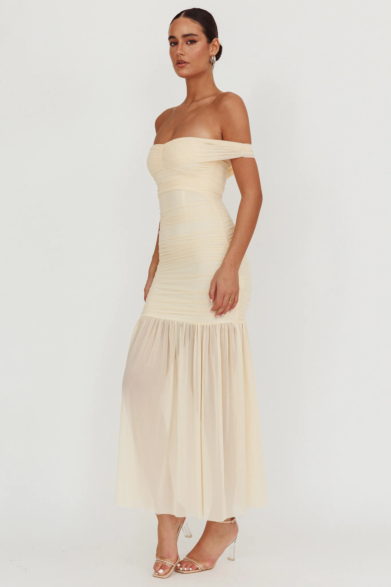 La Salle Off Shoulder Mesh Maxi Dress Ivory