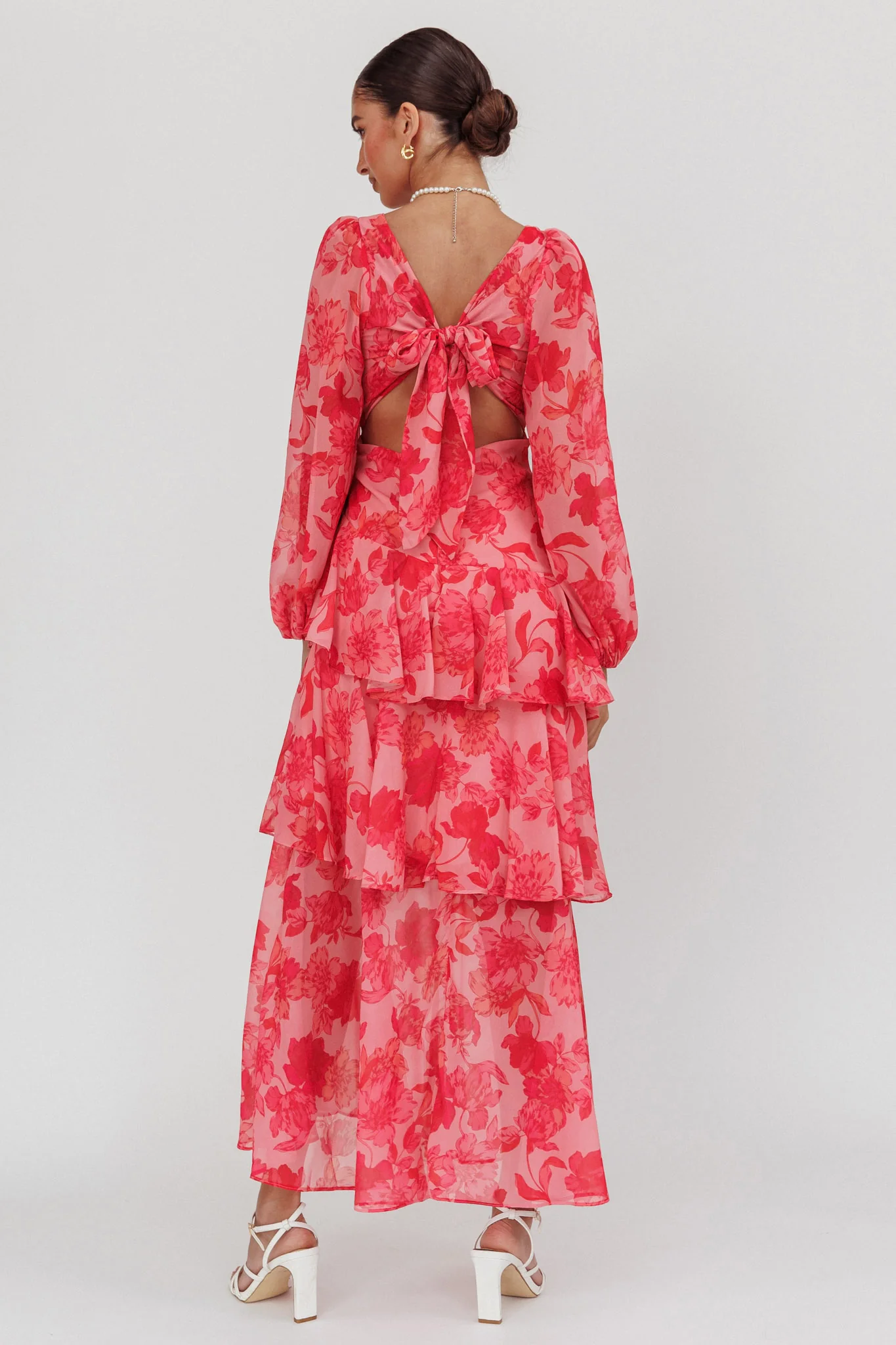 Veda Long Sleeve Floral Tiered Ruffle Maxi Dress Pink
