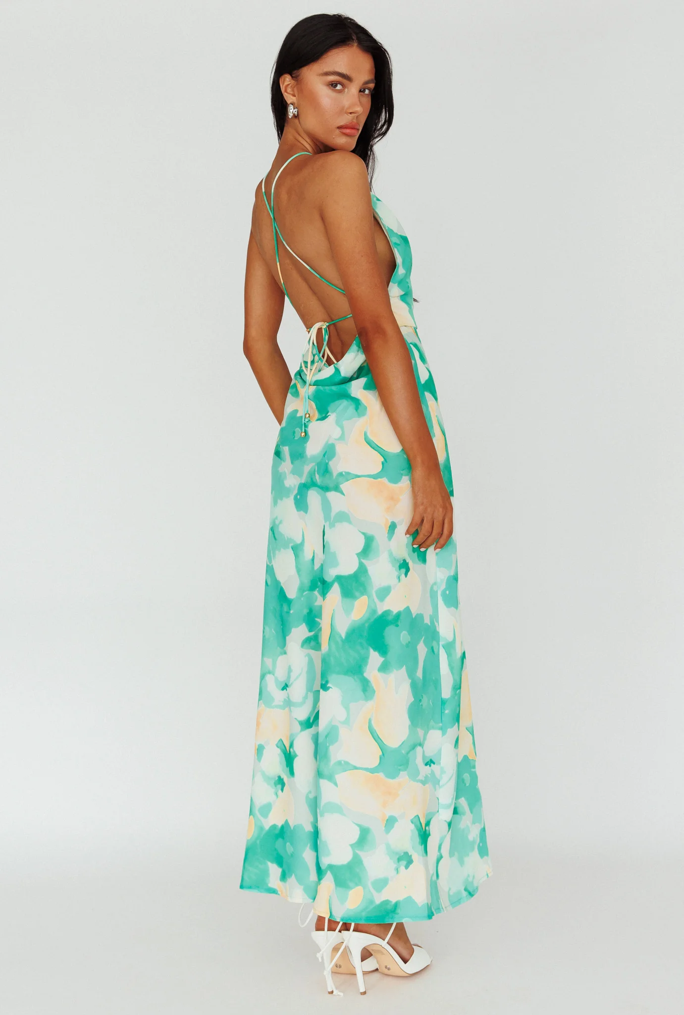 Val Cowl Back Maxi Dress Floral Green