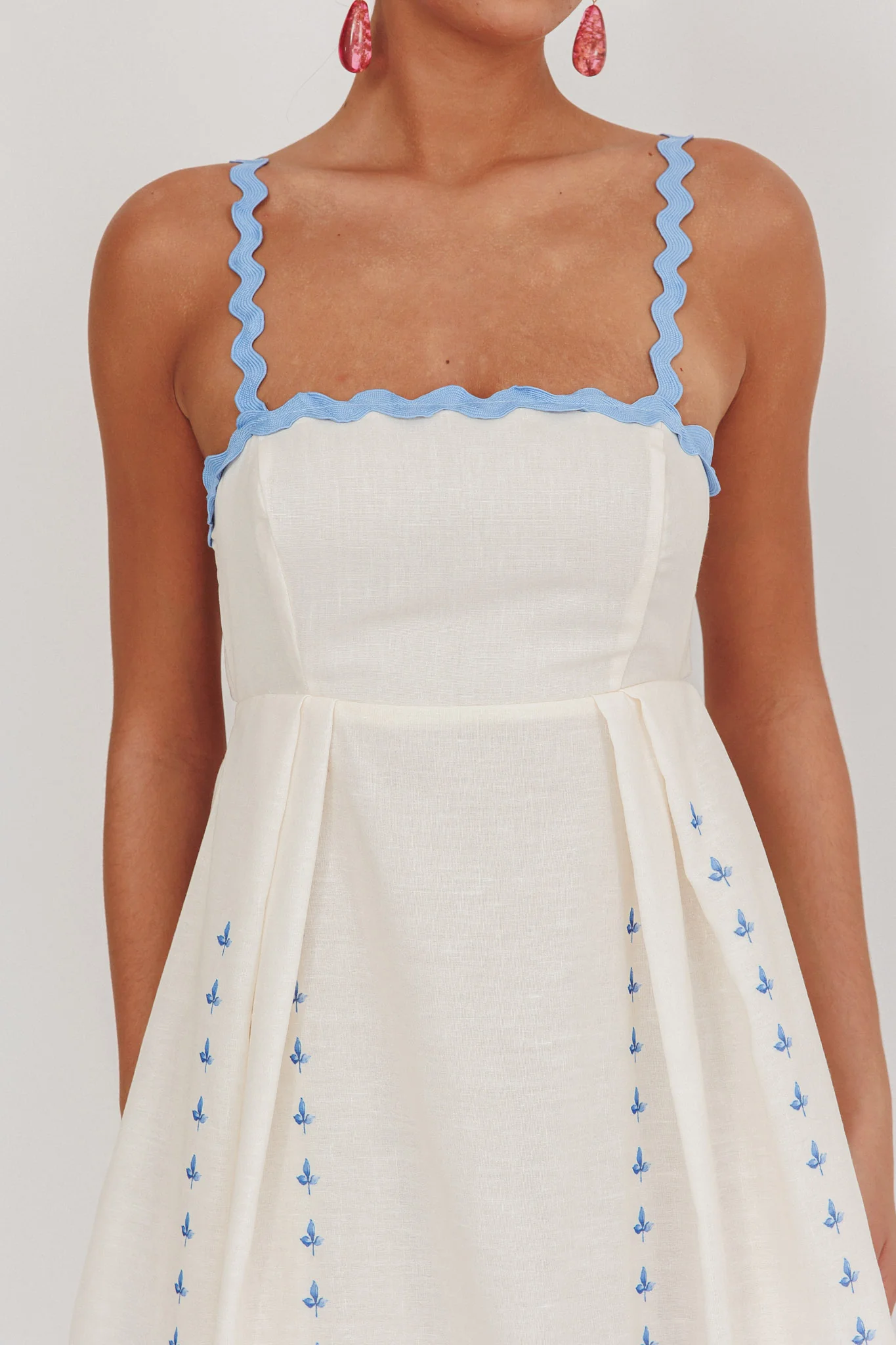 Asami Floral Print Ric Rac Trim Midi Dress Blue