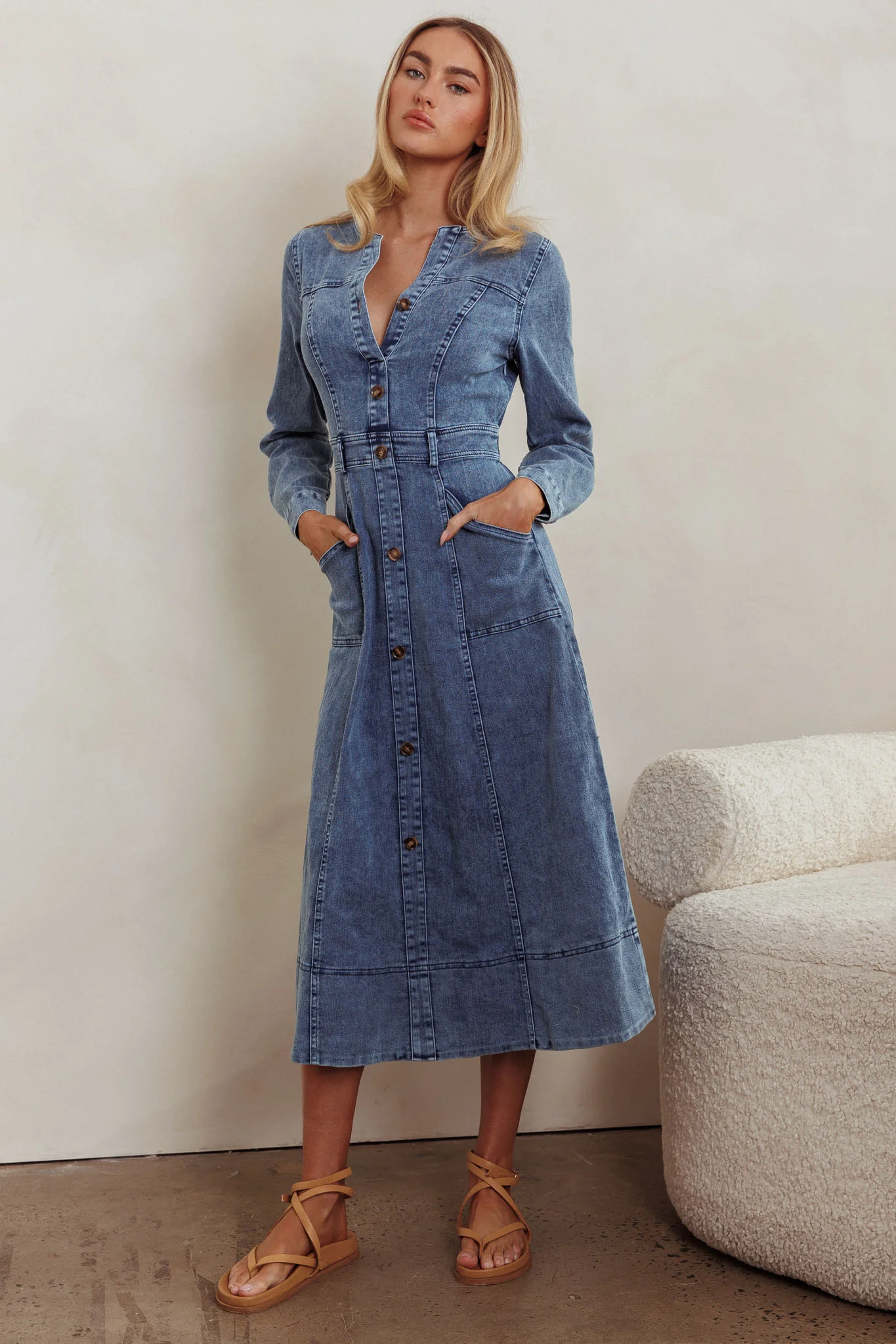 Aspen Love Front Pocket Midi Dress Denim Blue