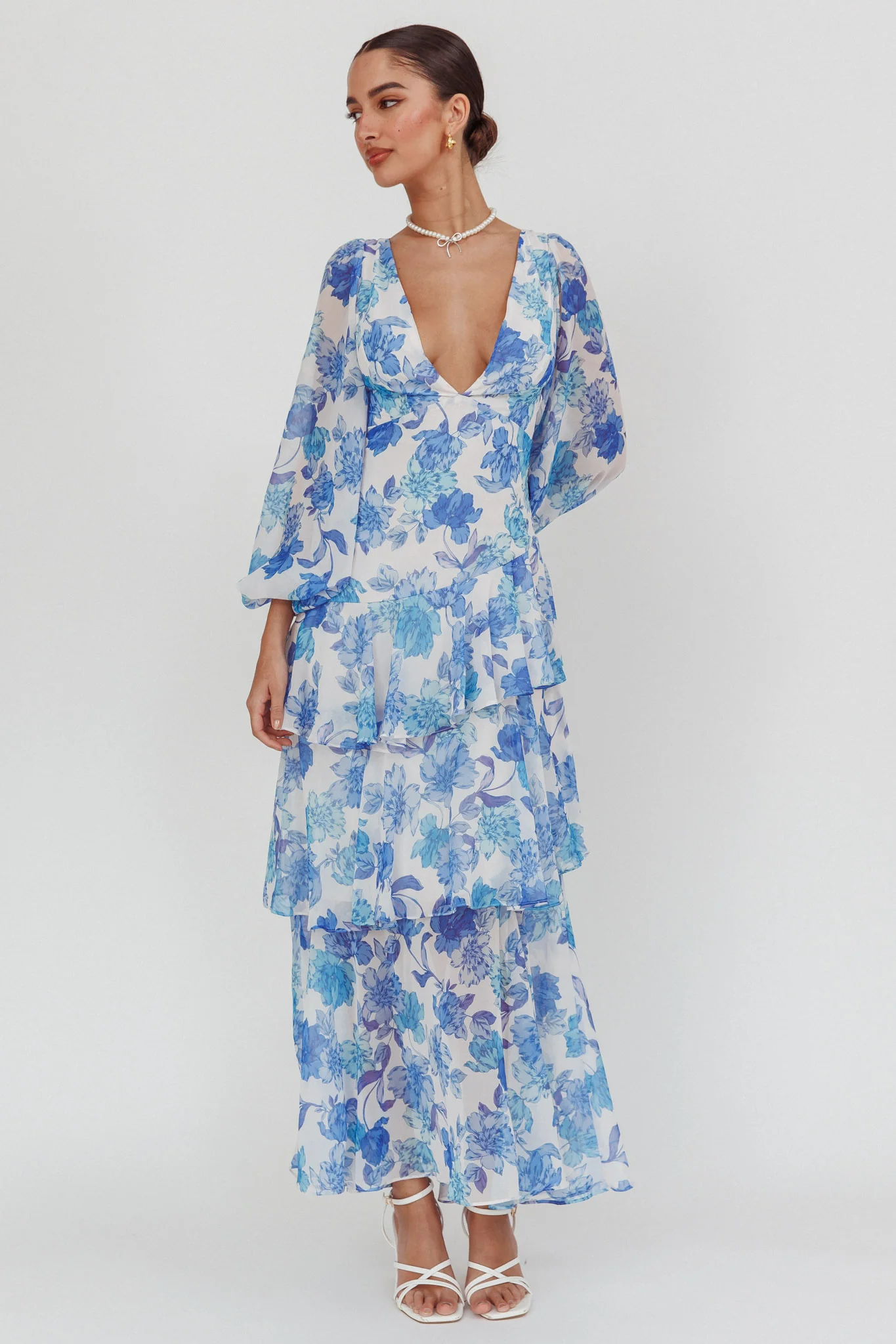 Veda Long Sleeve Floral Tiered Ruffle Maxi Dress Blue