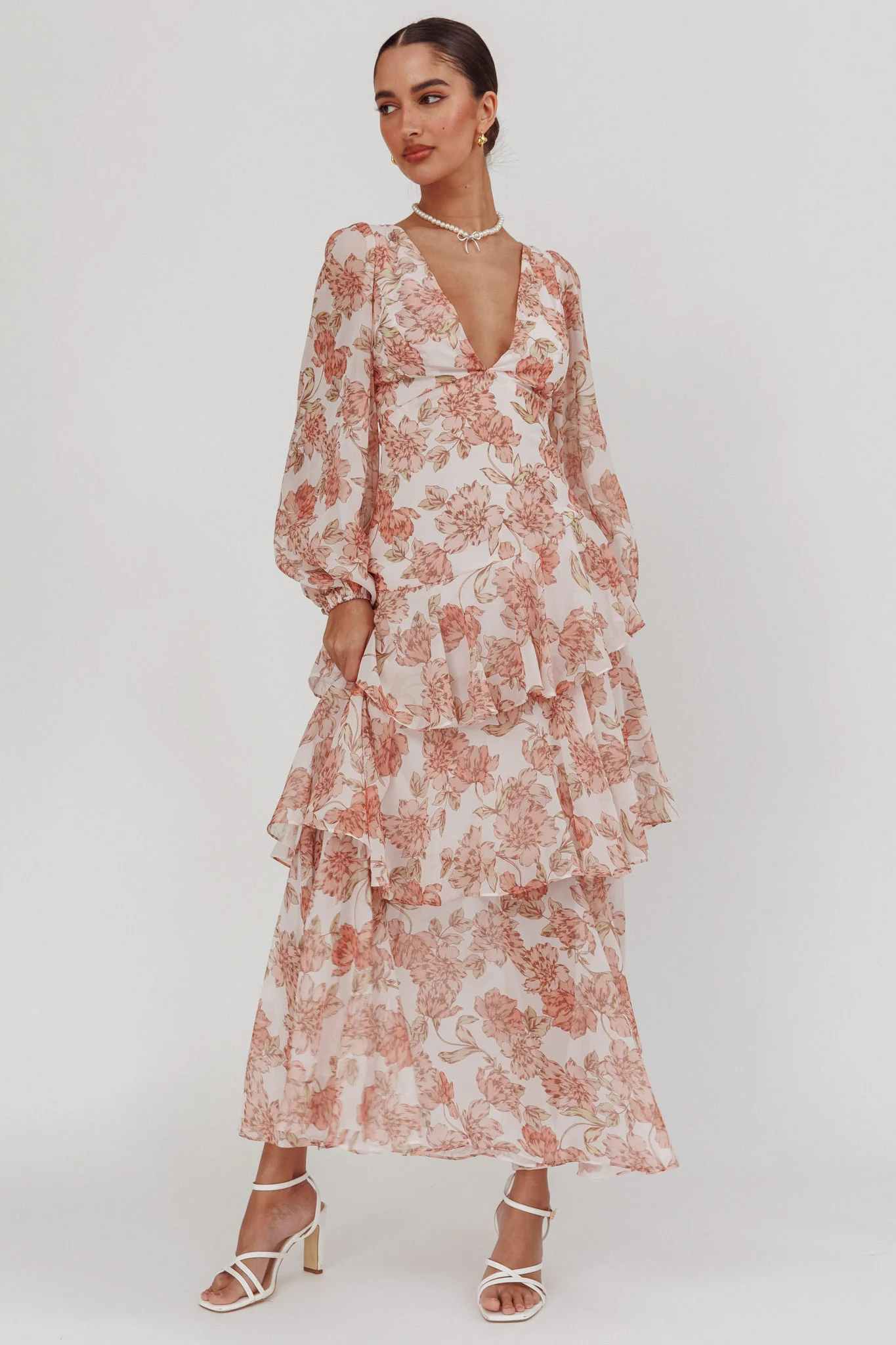 Veda Long Sleeve Floral Tiered Ruffle Maxi Dress Peach