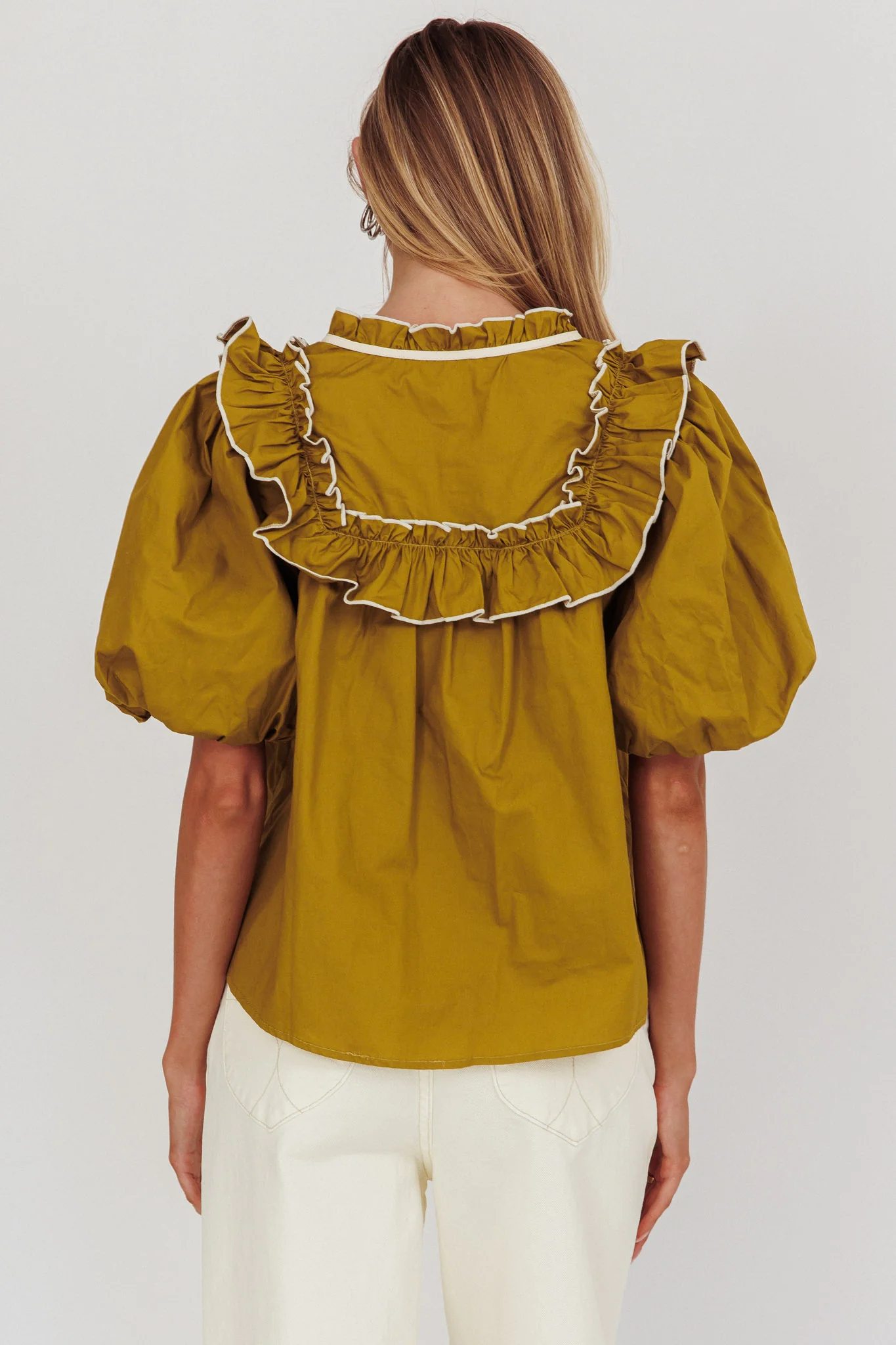 Remarkable Puff Sleeve Tied Neck Top Olive