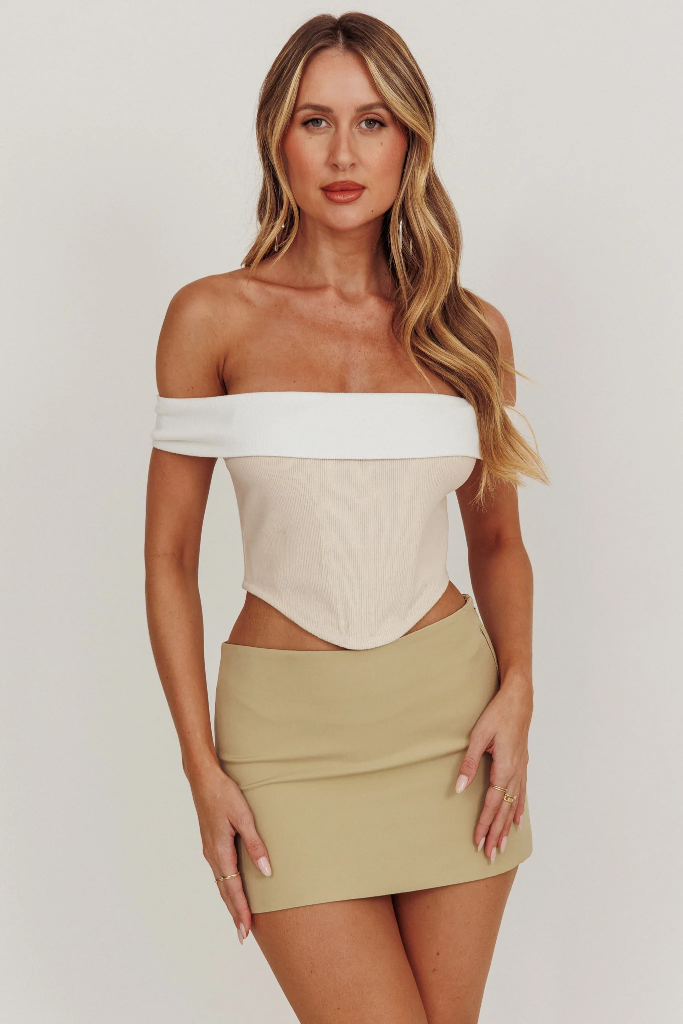 Spill The Tea Off-Shoulder Top Beige/White