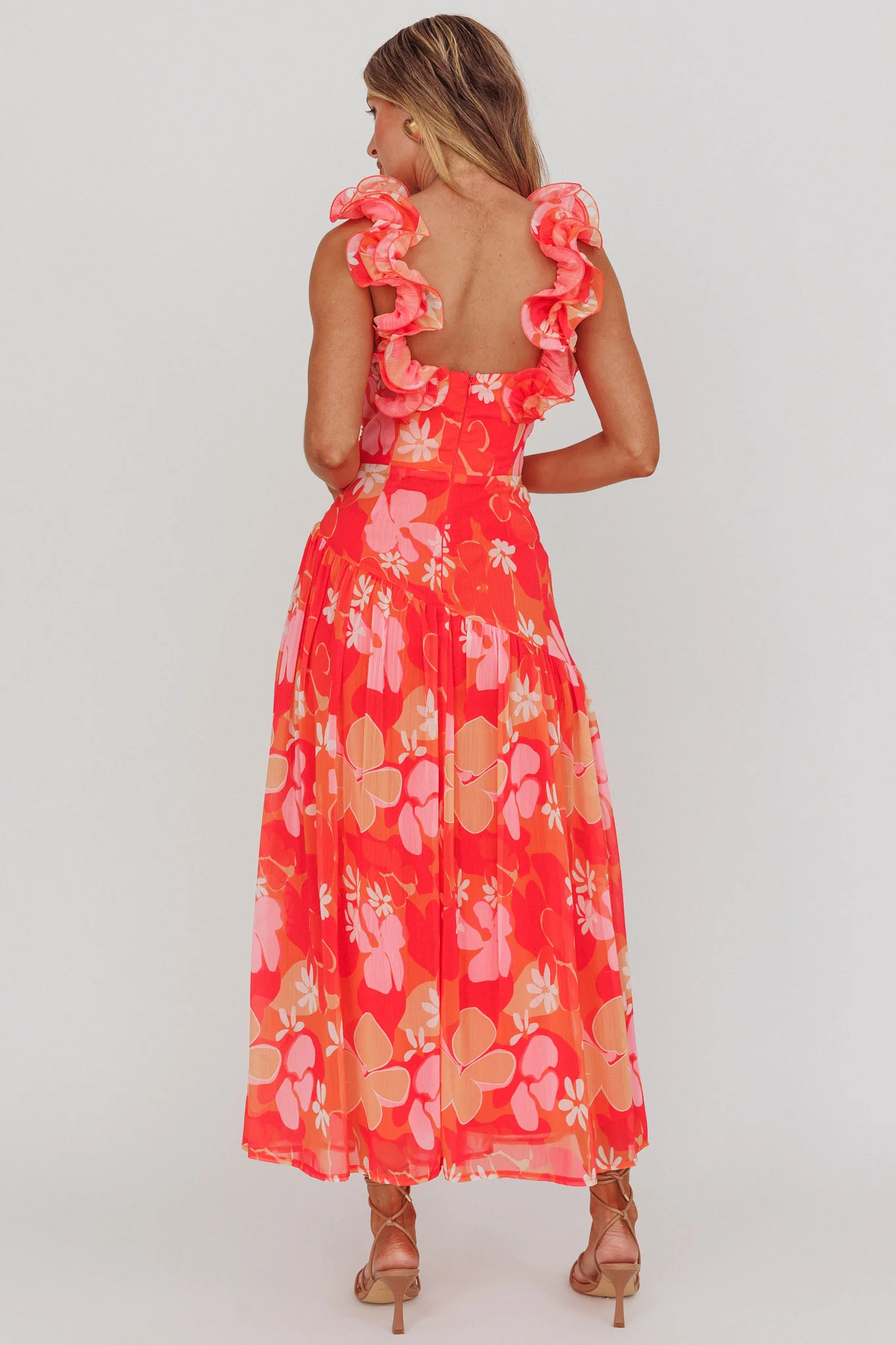 Kinley Ruffle Strap Maxi Dress Floral Orange