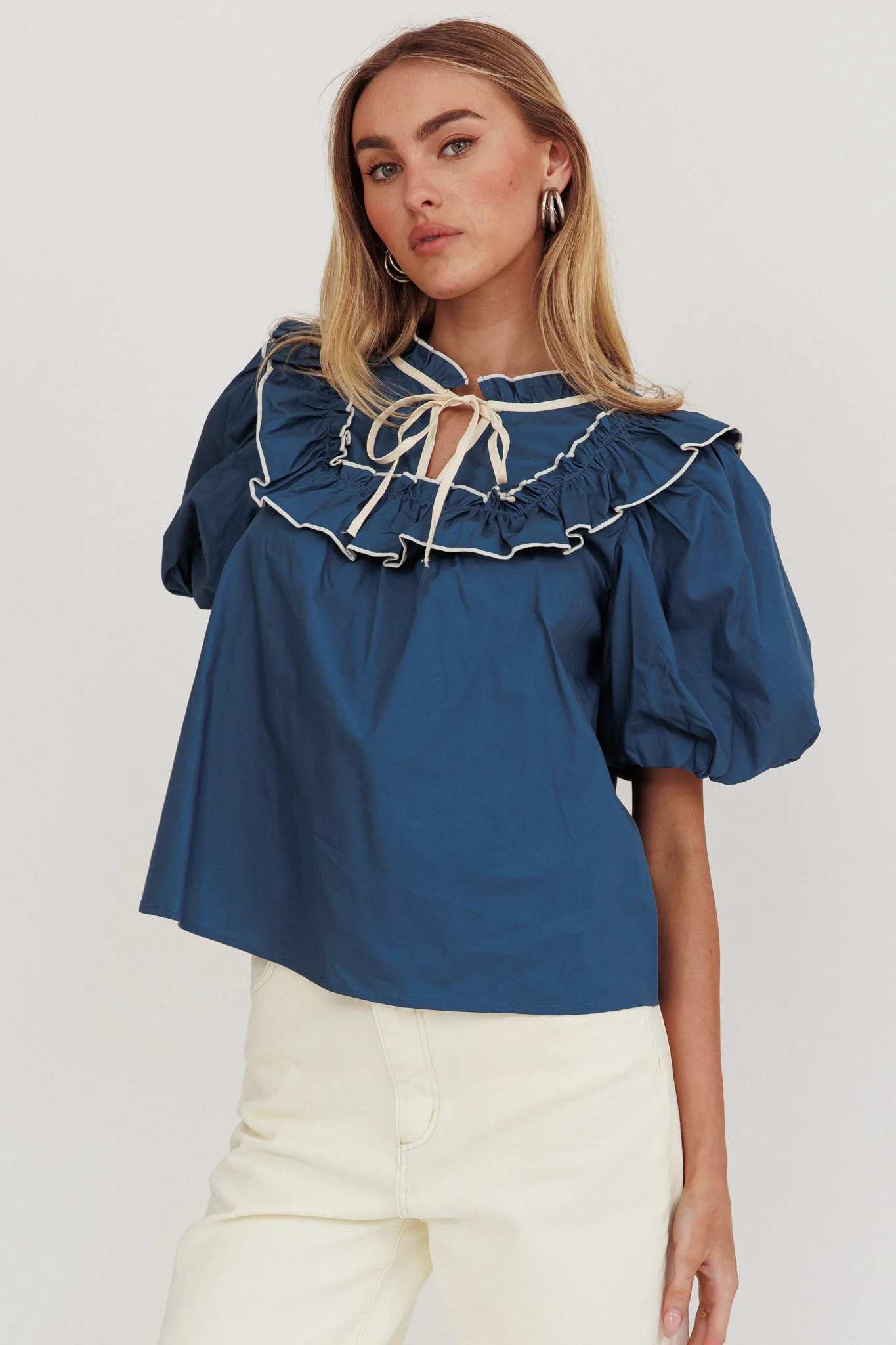 Remarkable Puff Sleeve Tied Neck Top Teal