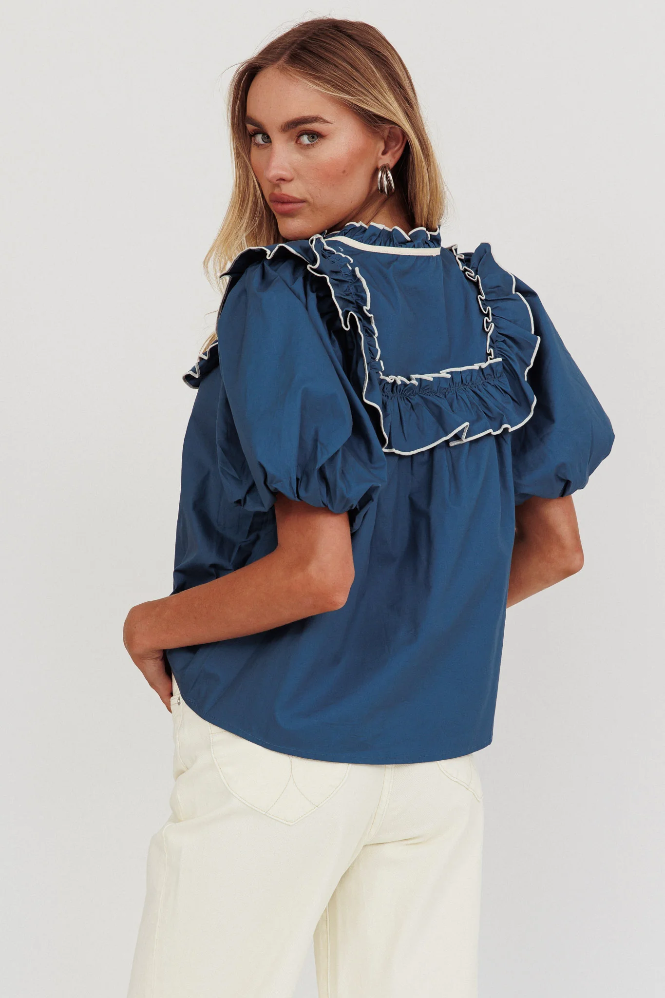 Remarkable Puff Sleeve Tied Neck Top Teal