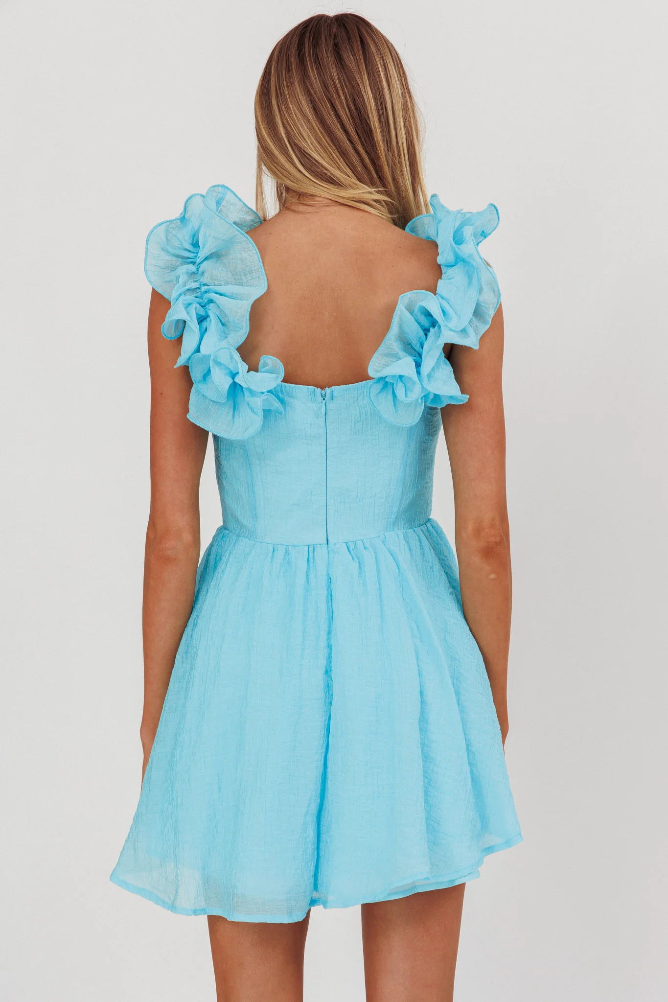 Nivaya Ruffle Neckline Mini Dress Ocean