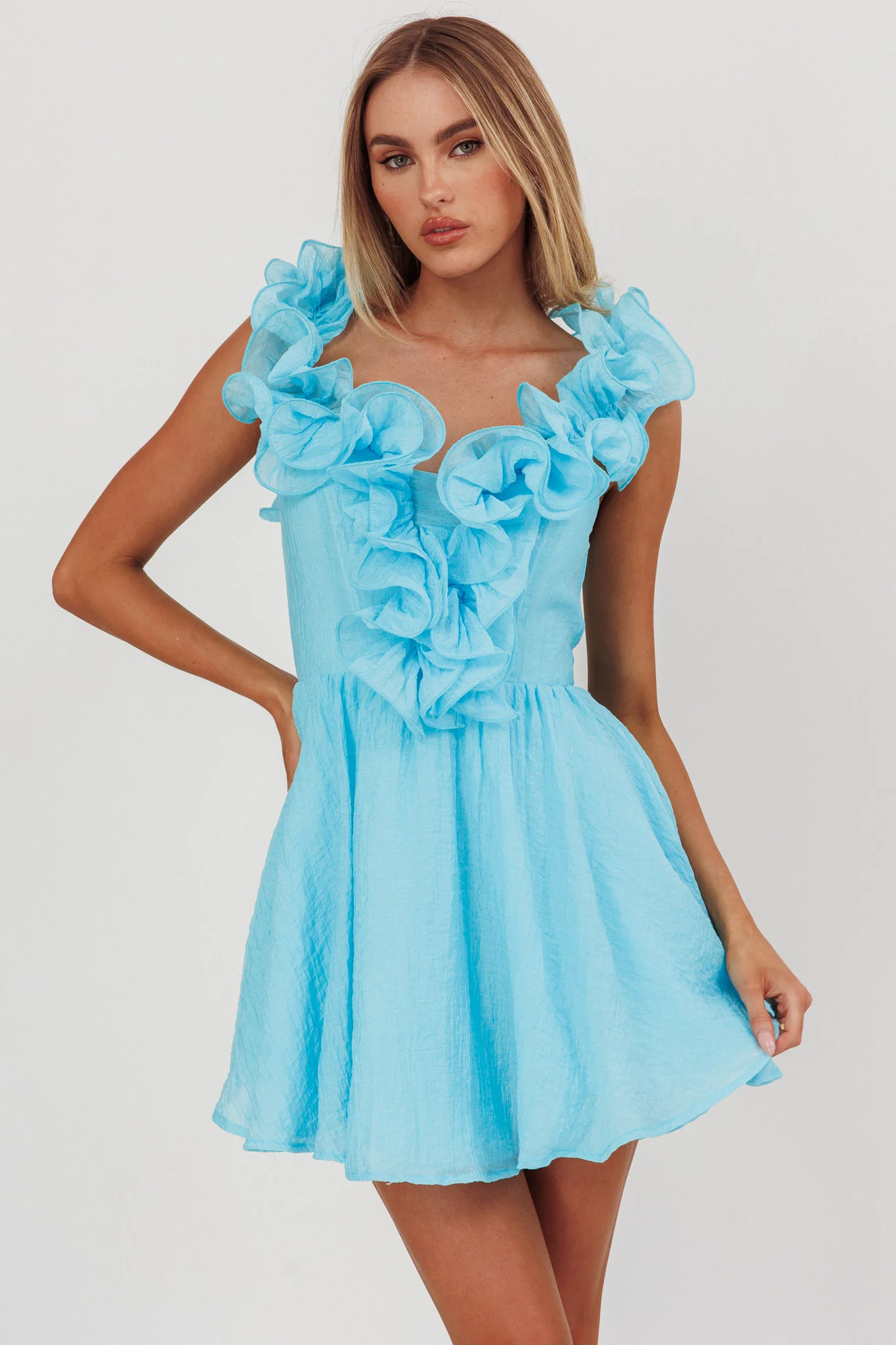 Nivaya Ruffle Neckline Mini Dress Ocean