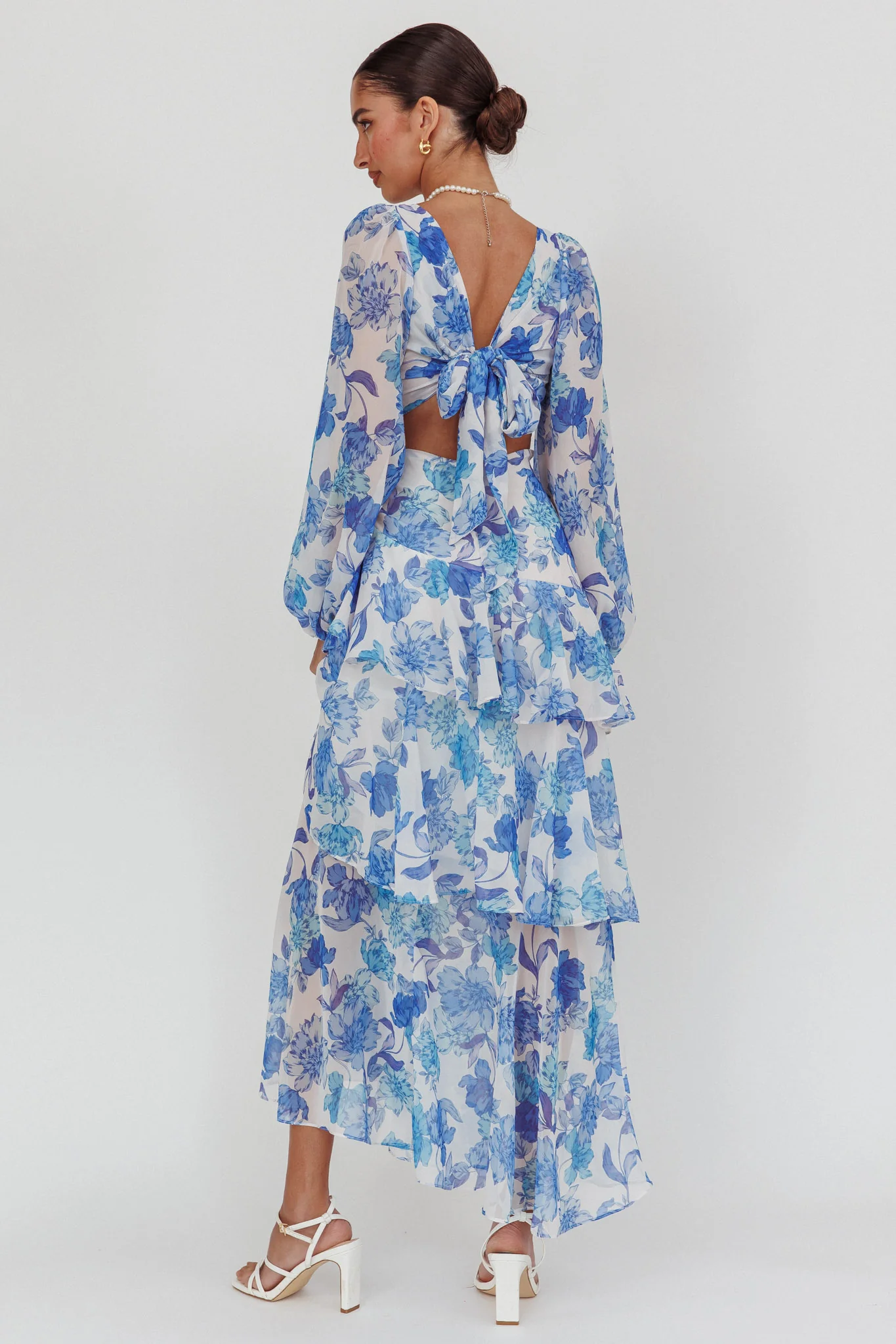 Veda Long Sleeve Floral Tiered Ruffle Maxi Dress Blue