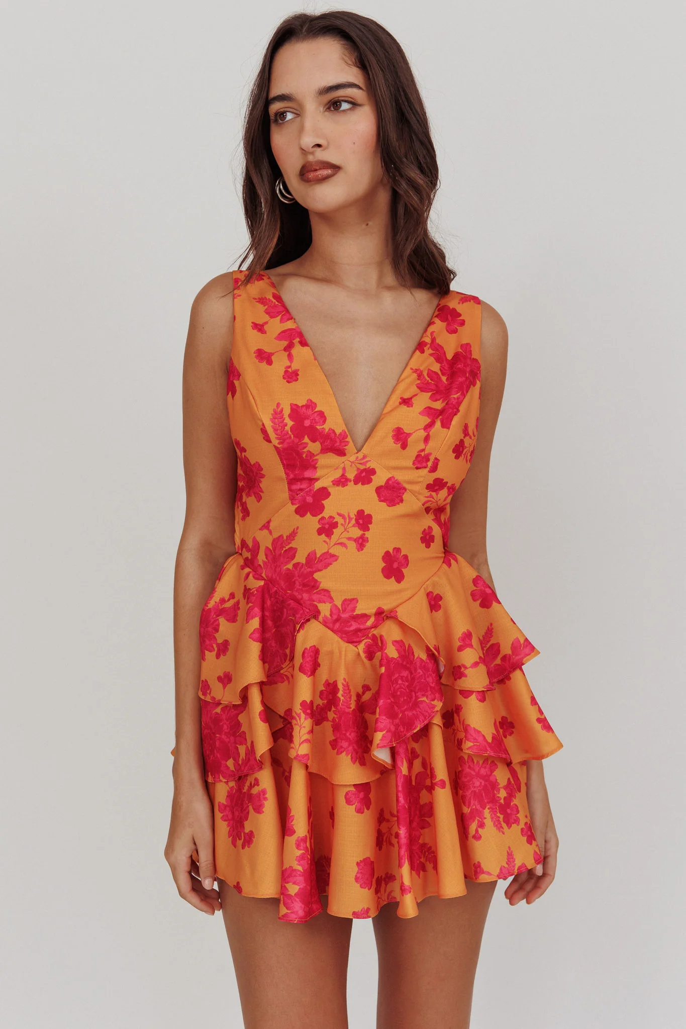 Like Me V-Neck Tied Back Floral Romper Orange