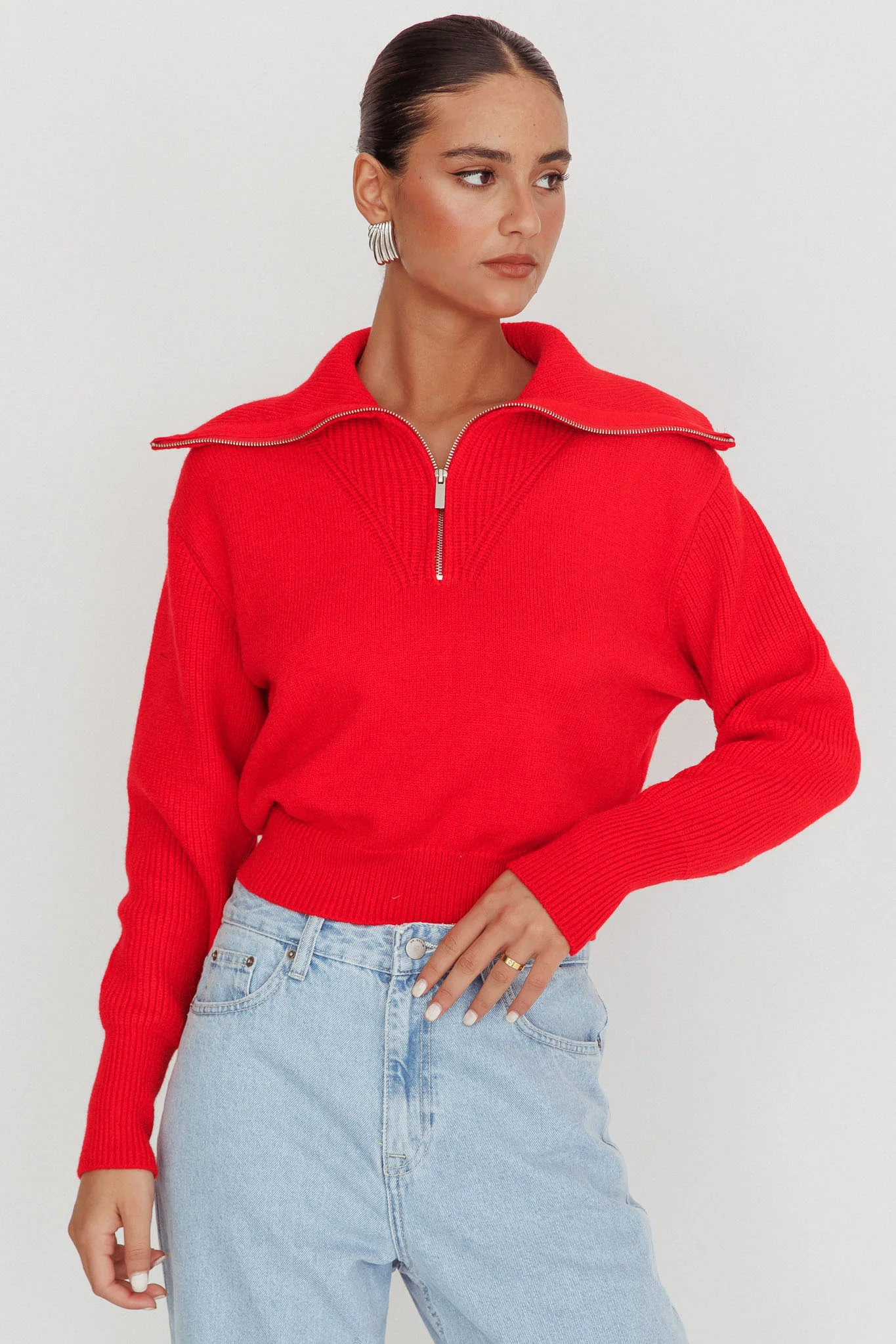 Dawneta Half Zipper Knit Pullover Red
