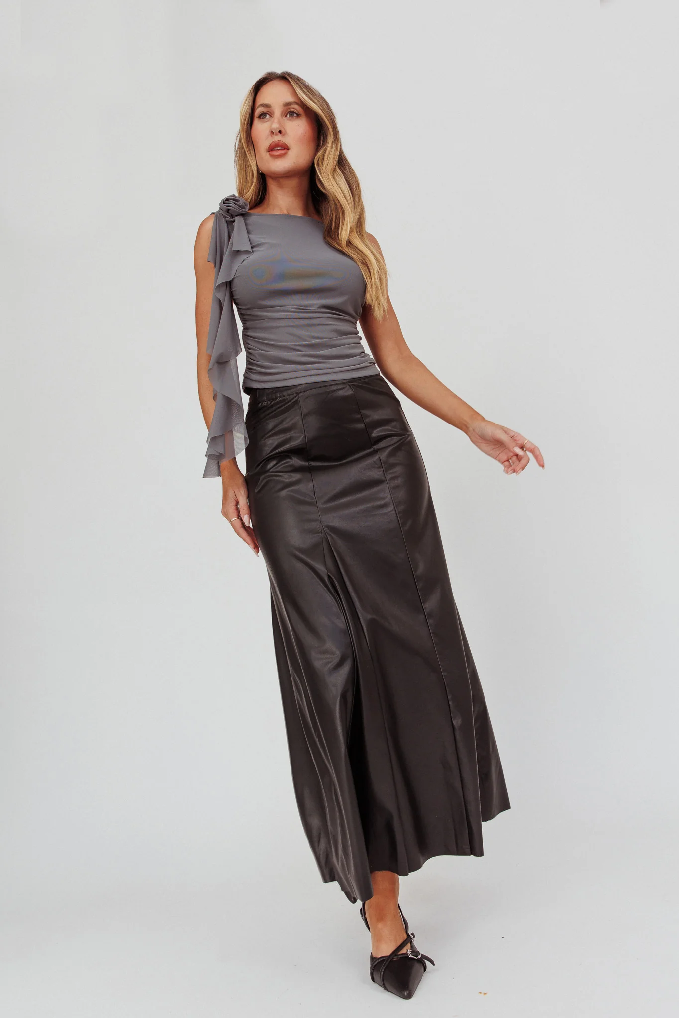 Galaxia A-Line Faux Leather Maxi Skirt Black