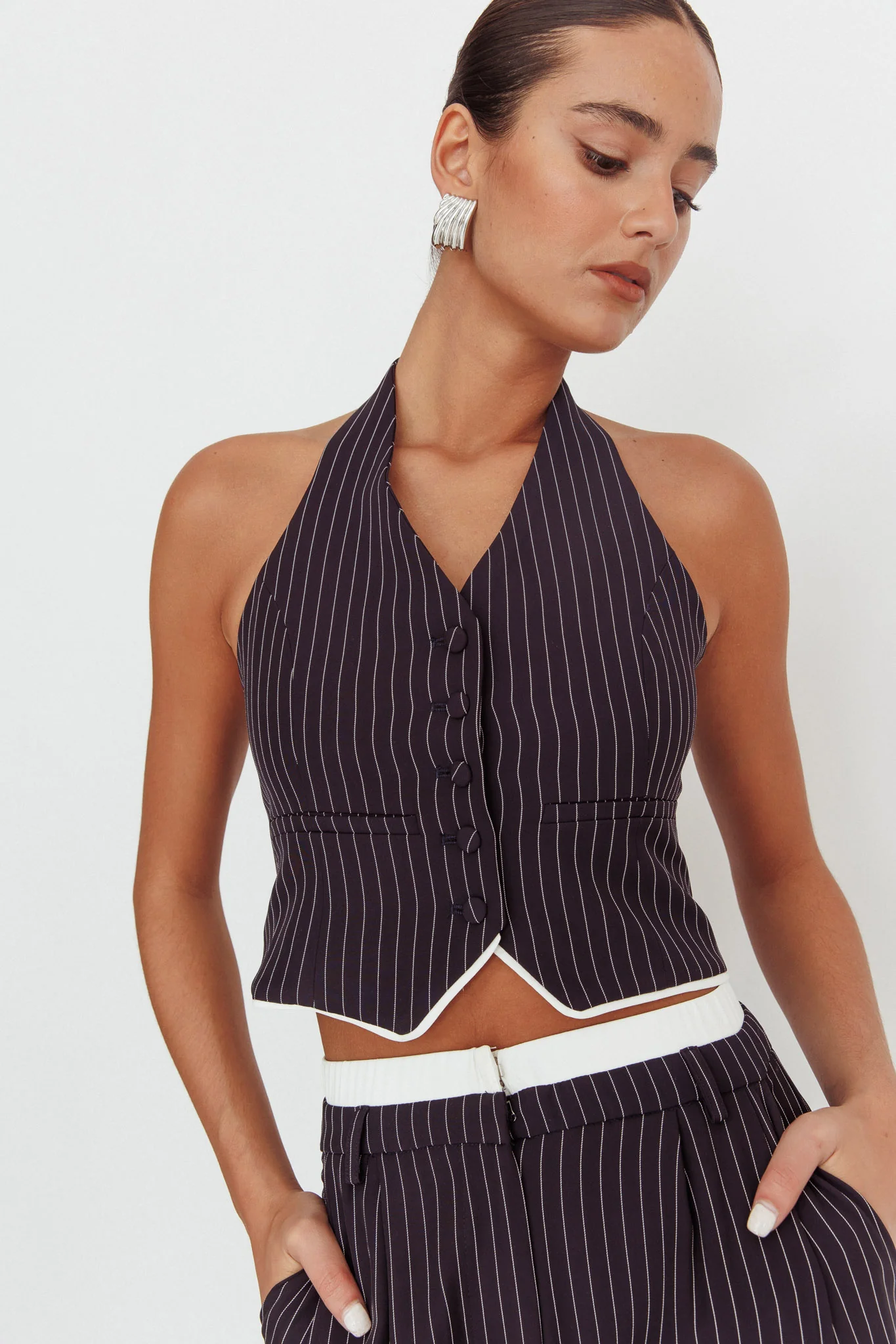 Lilija Pinstripe Halter Neck Vest Navy