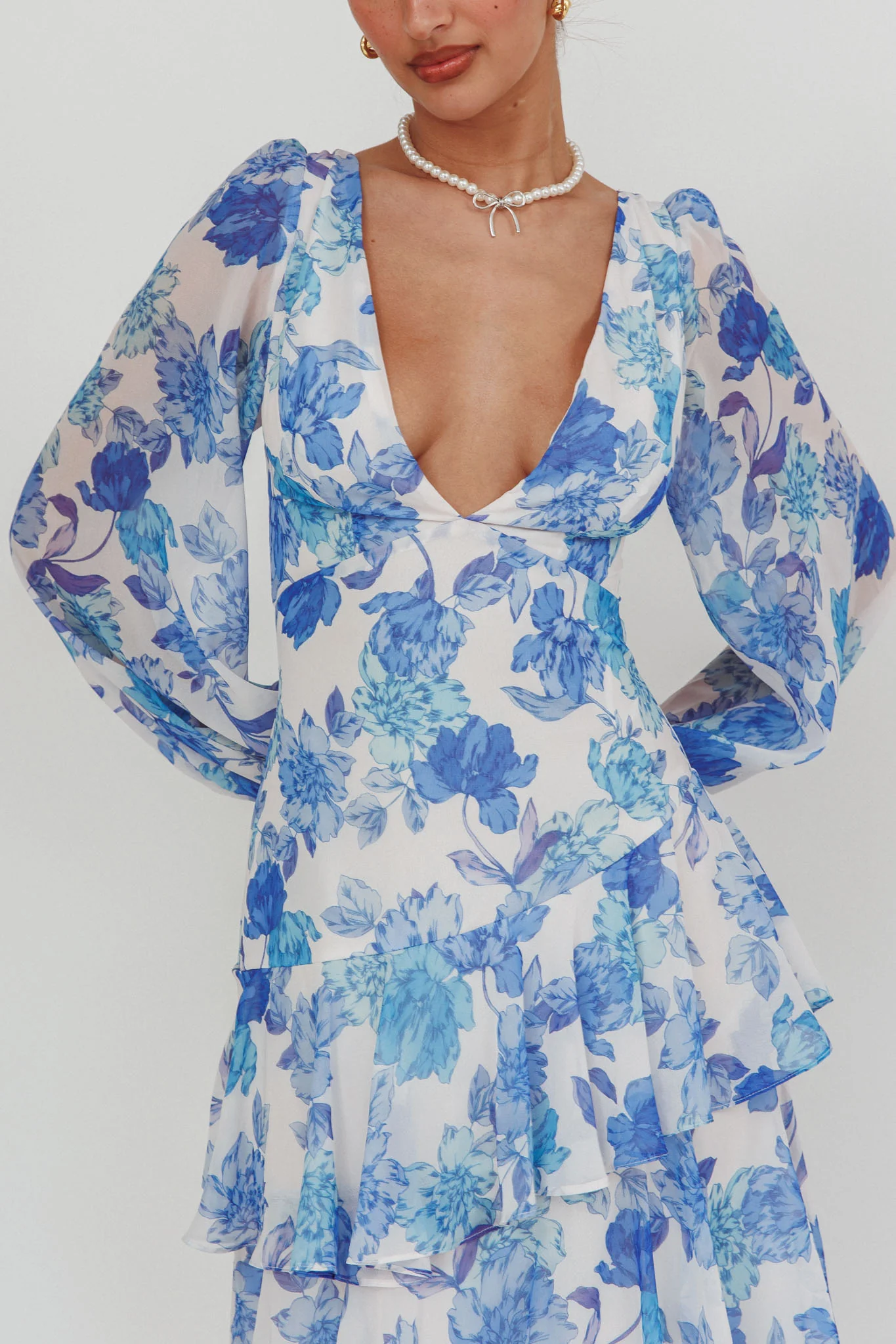 Veda Long Sleeve Floral Tiered Ruffle Maxi Dress Blue