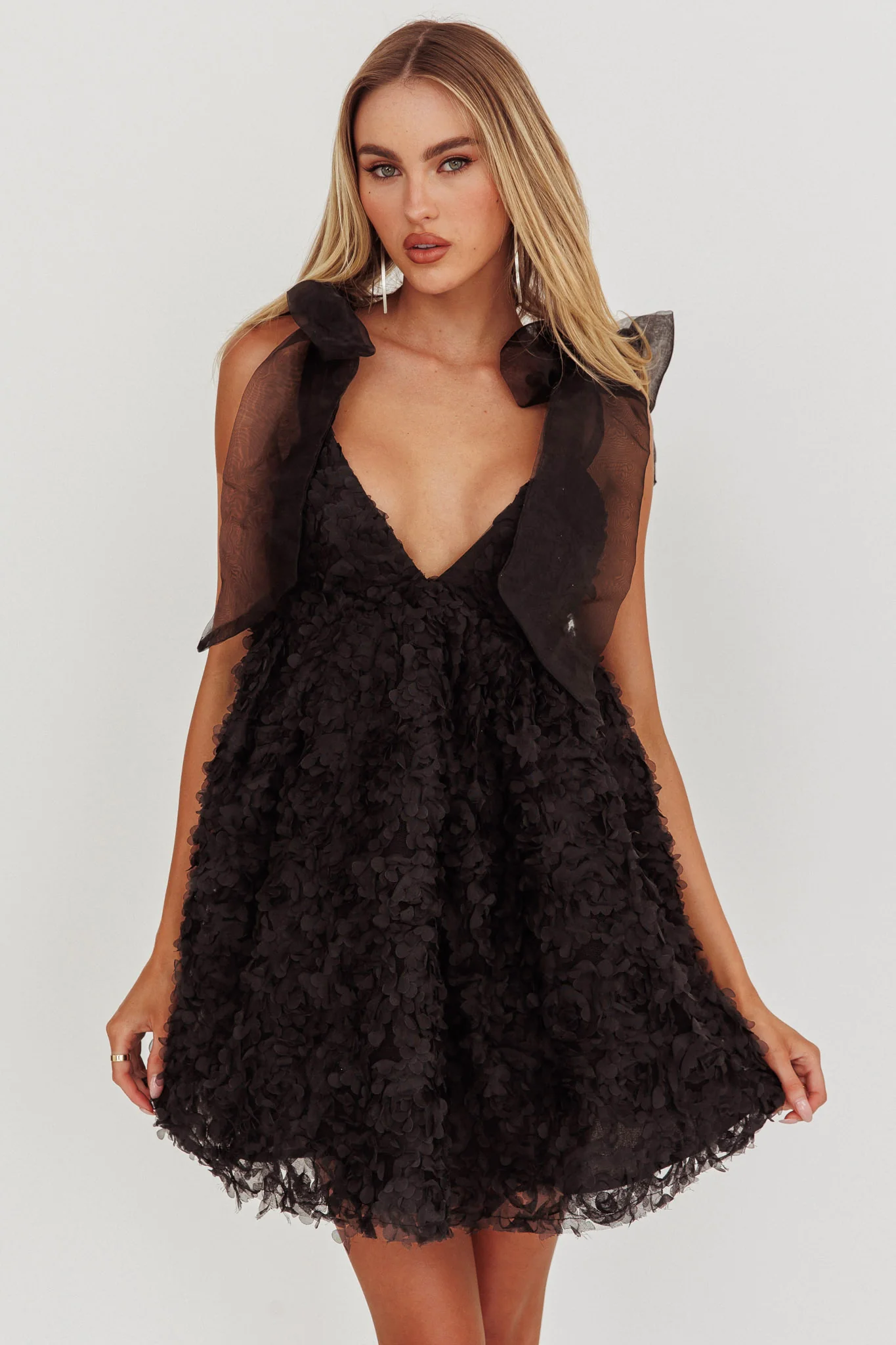 Lisette Tied Shoulder Embellished Mini Dress Black