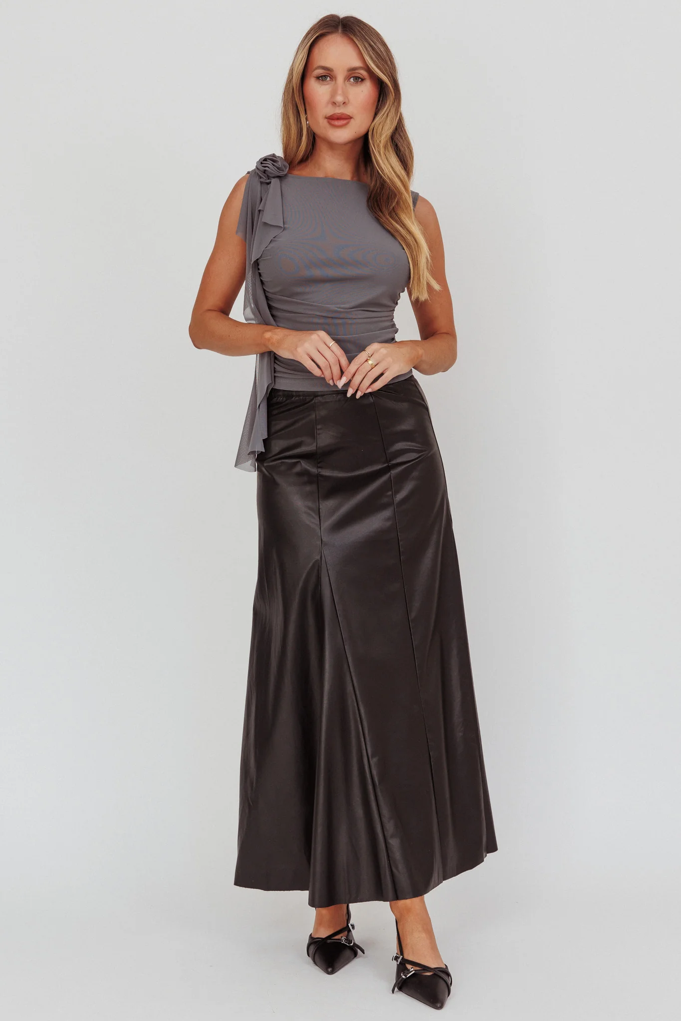 Galaxia A-Line Faux Leather Maxi Skirt Black