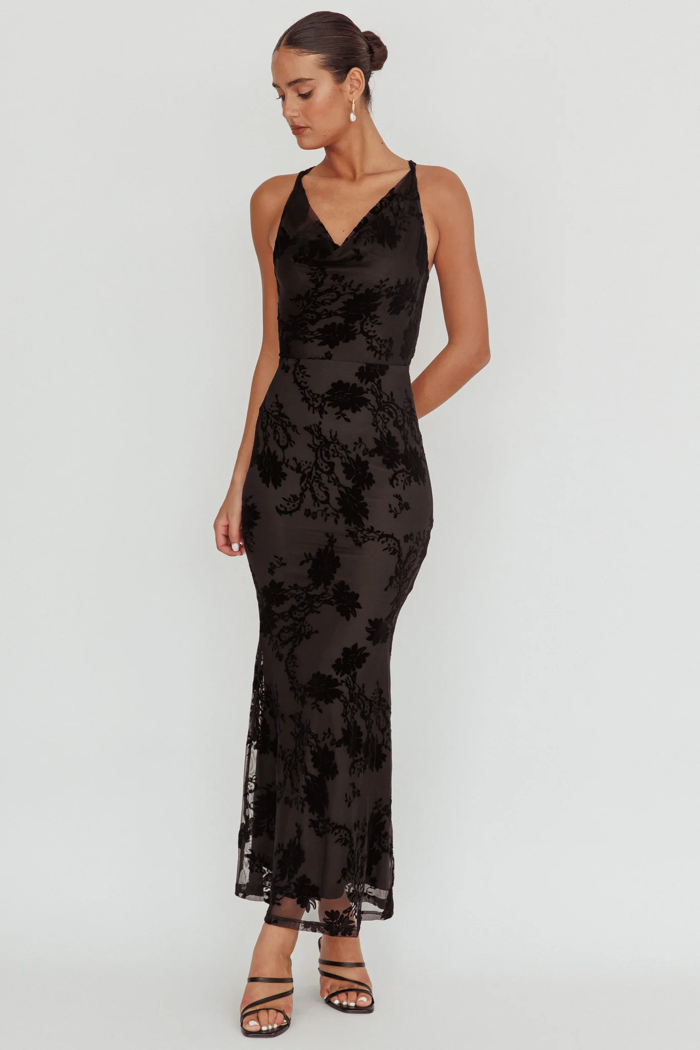Delancy Cowl Neck Floral Maxi Dress Black