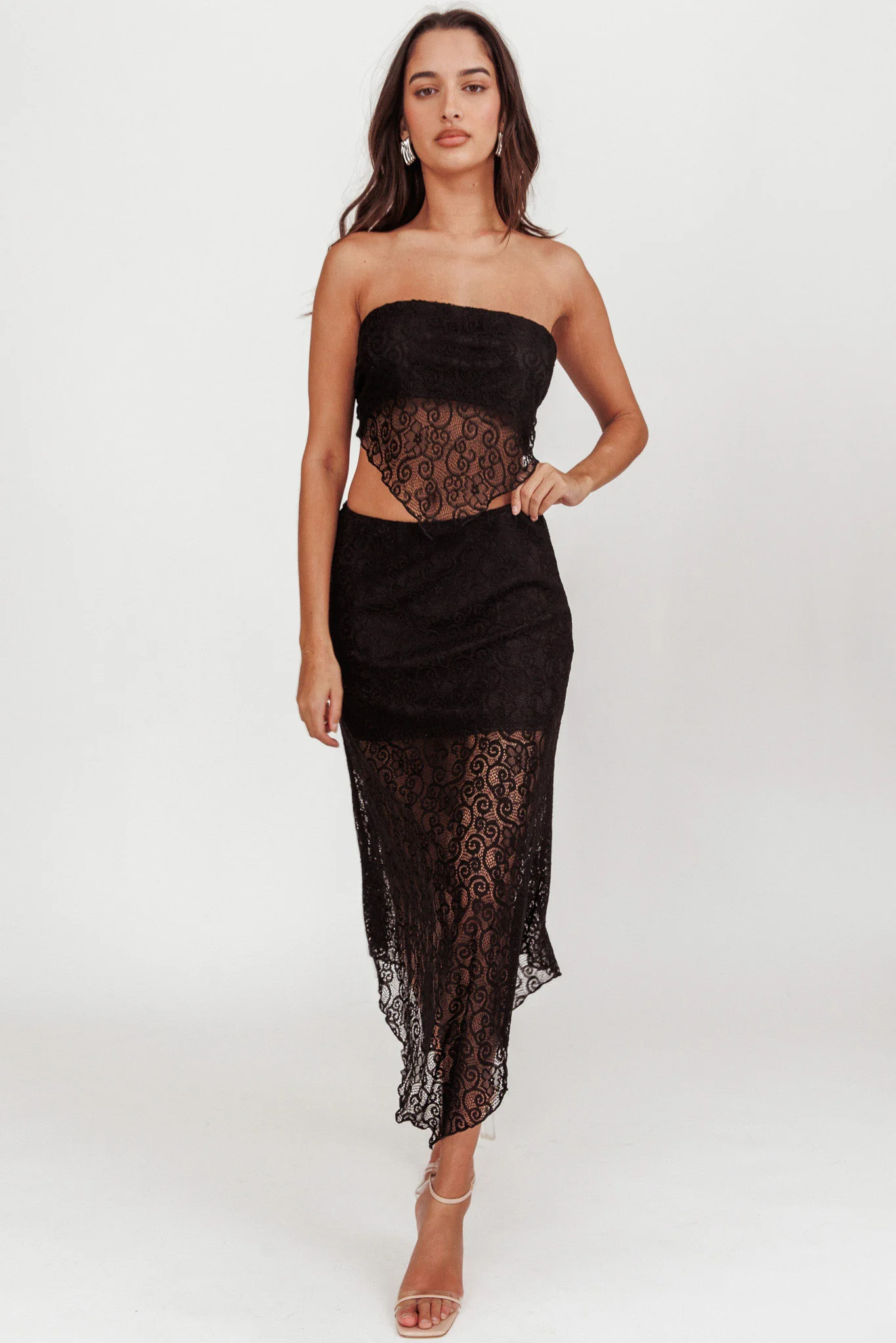 Sweet Words V-Hem Lace Midi Skirt Black