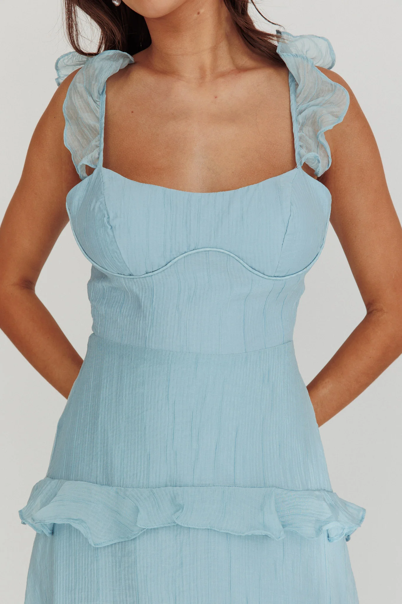 Moonlit Moment Ruffle Trim Lace-Up Back Maxi Dress Blue