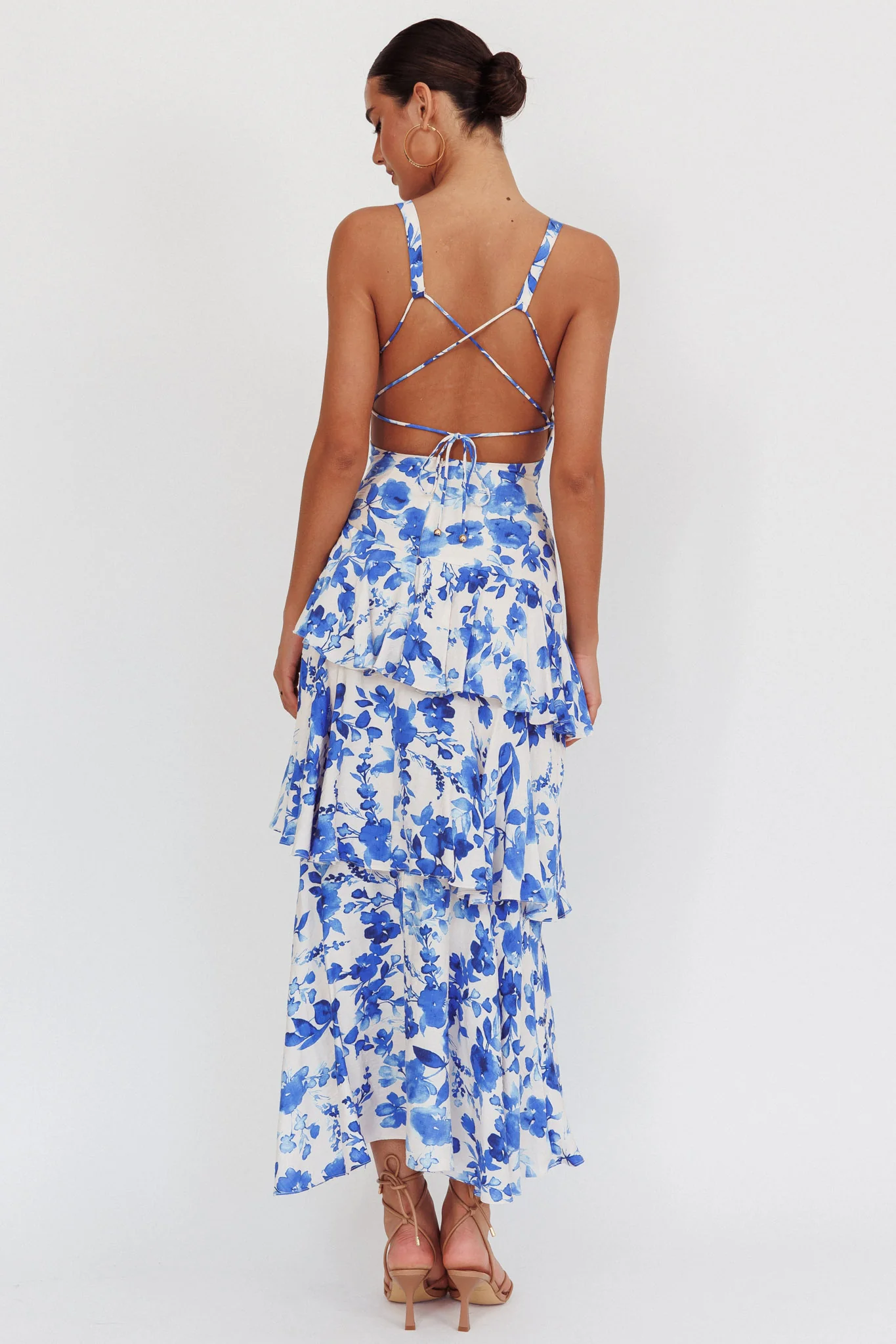 Veda Strappy Back Ruffle Maxi Dress Floral Blue