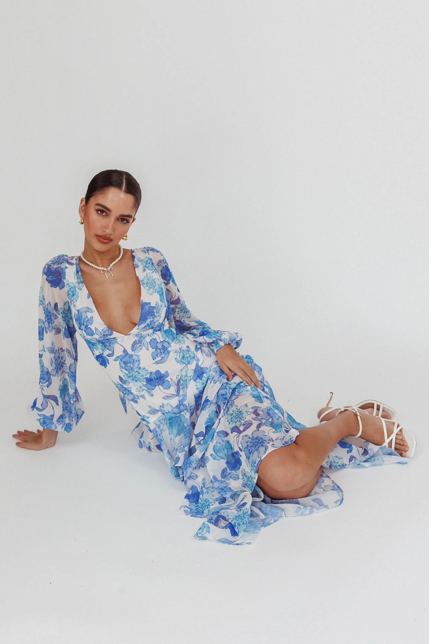 Veda Long Sleeve Floral Tiered Ruffle Maxi Dress Blue