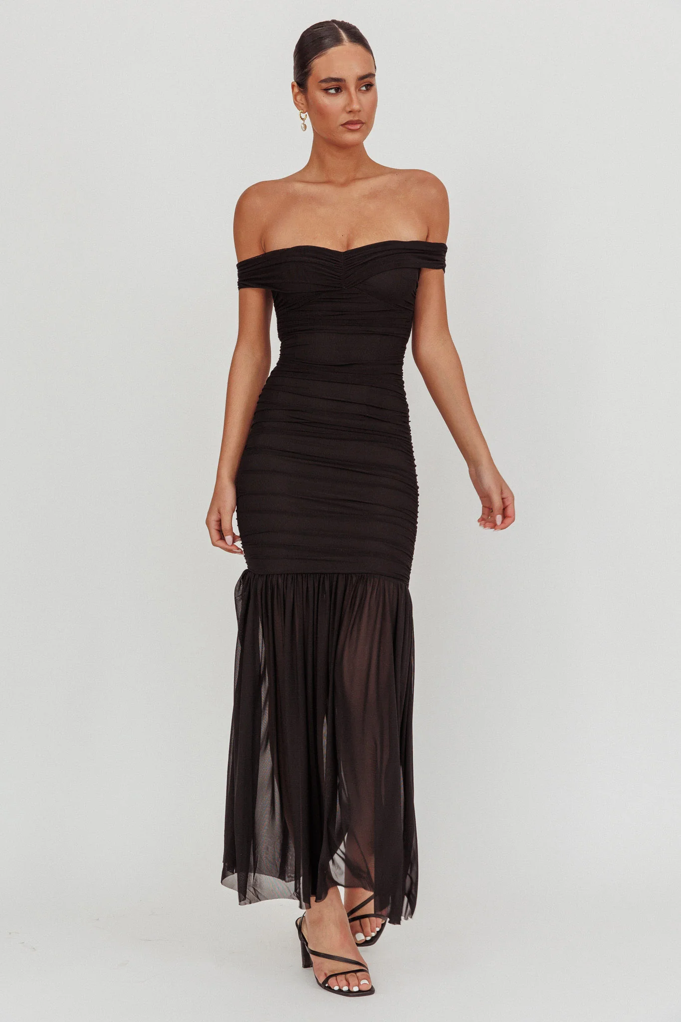 La Salle Off Shoulder Mesh Maxi Dress Black