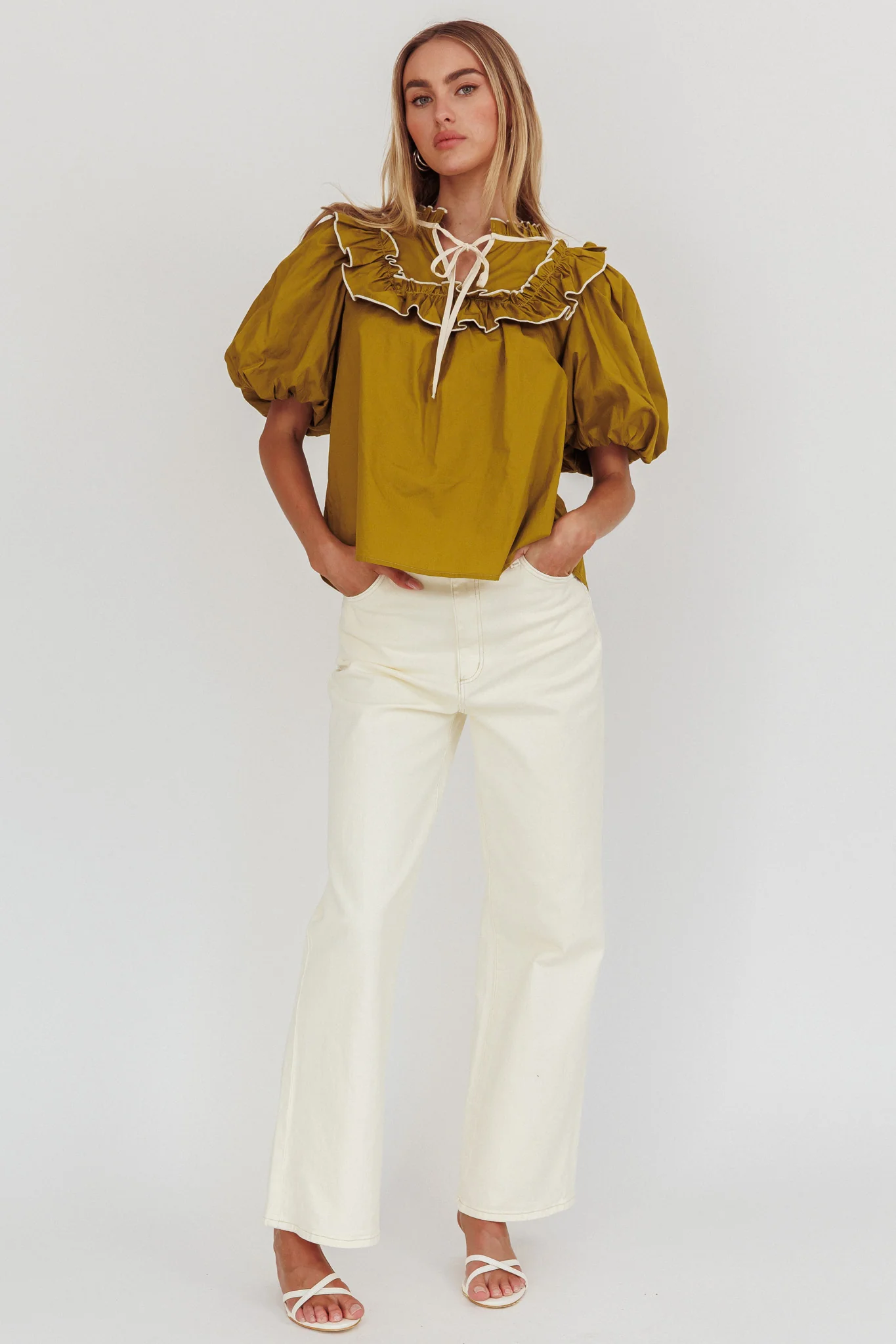 Remarkable Puff Sleeve Tied Neck Top Olive