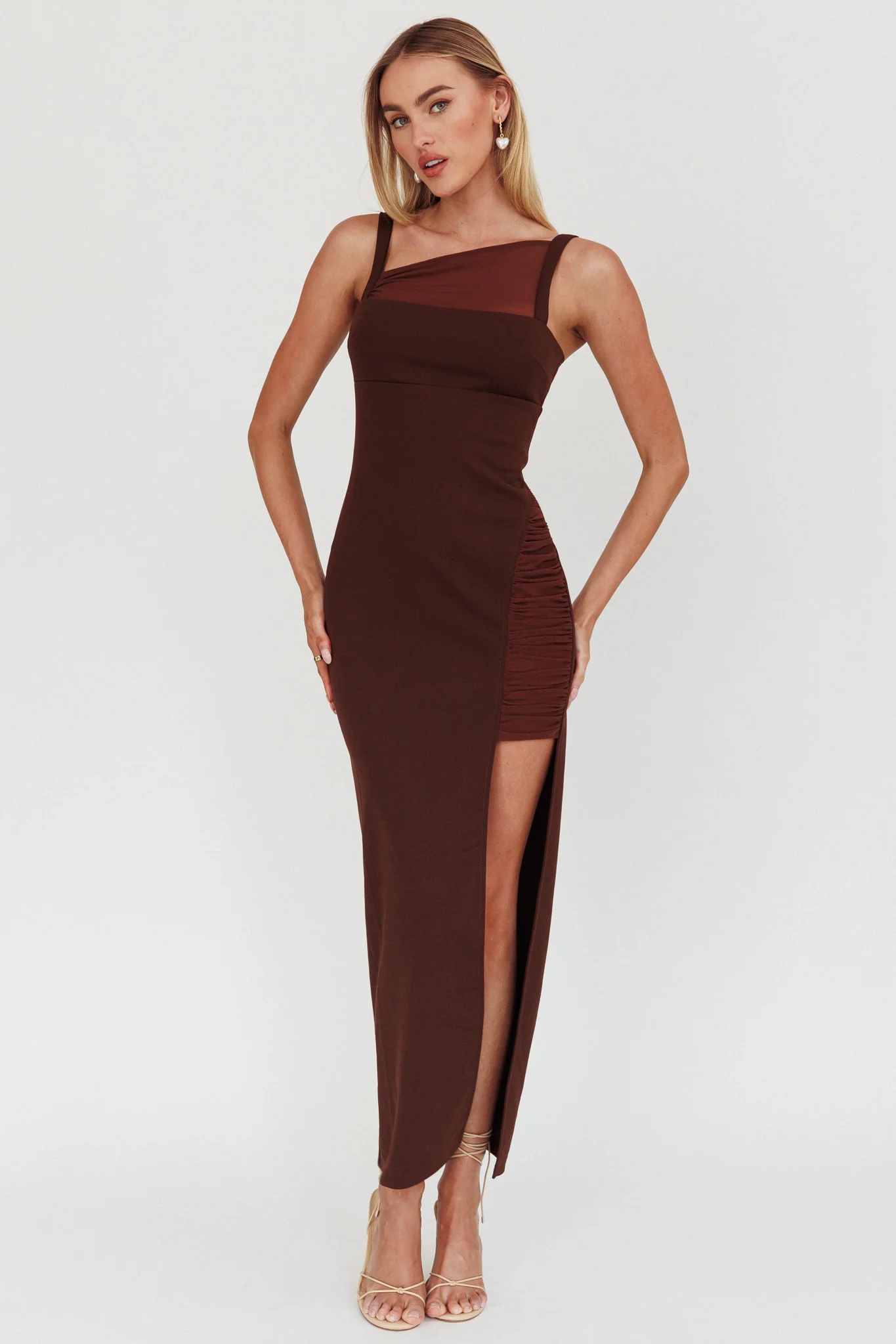 Zenya Split Ruched Maxi Dress Chocolate