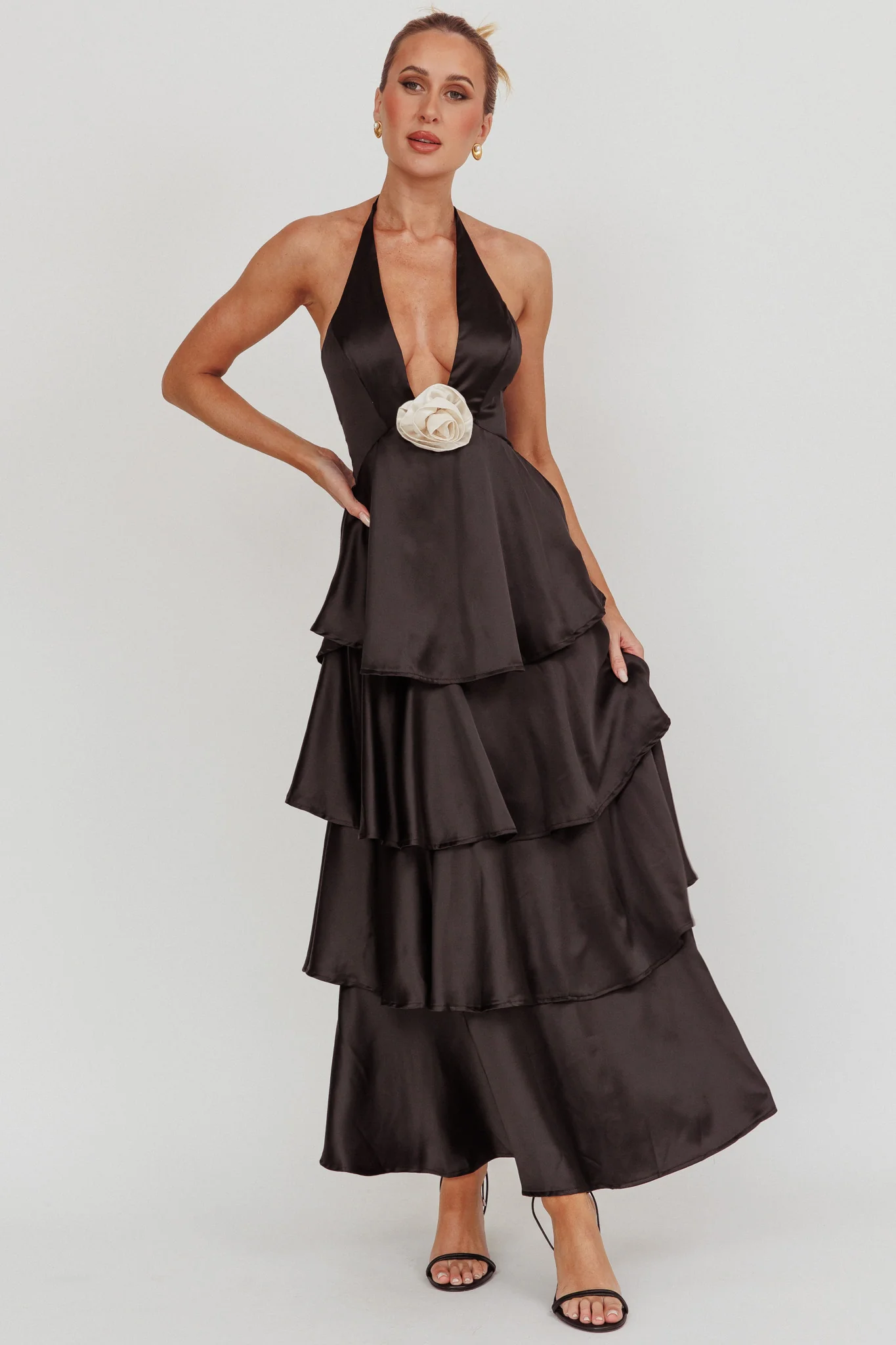 Catalina Tiered Ruffle Rosette Maxi Dress Black