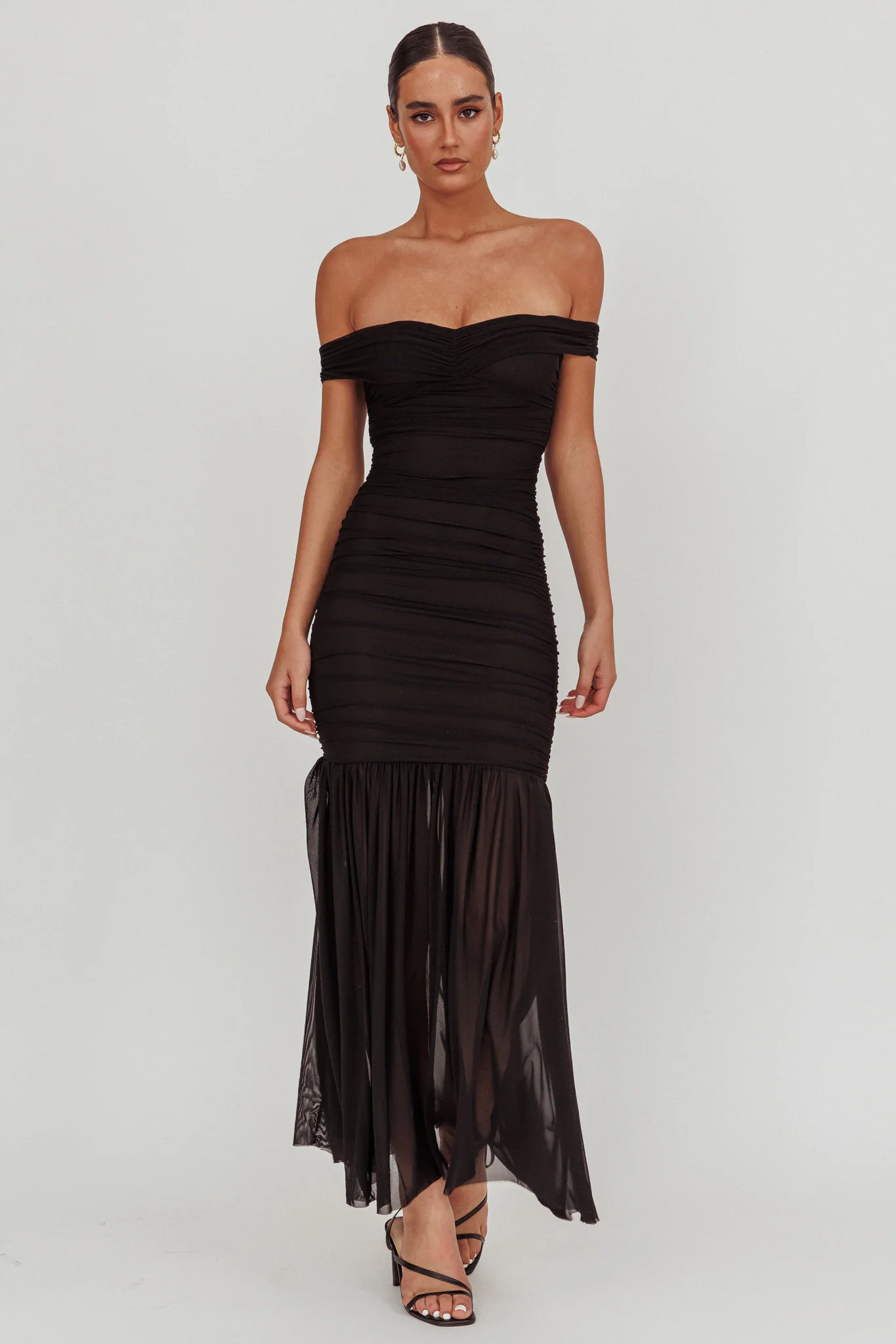 La Salle Off Shoulder Mesh Maxi Dress Black