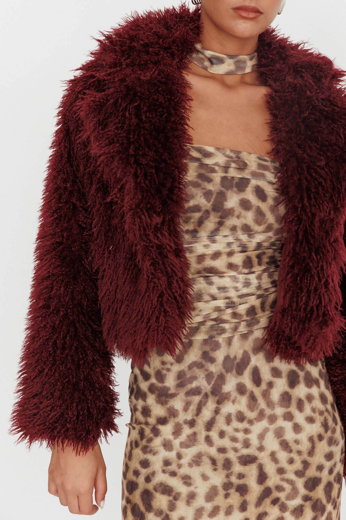 Aland Fuzzy Faux Fur Jacket Wine