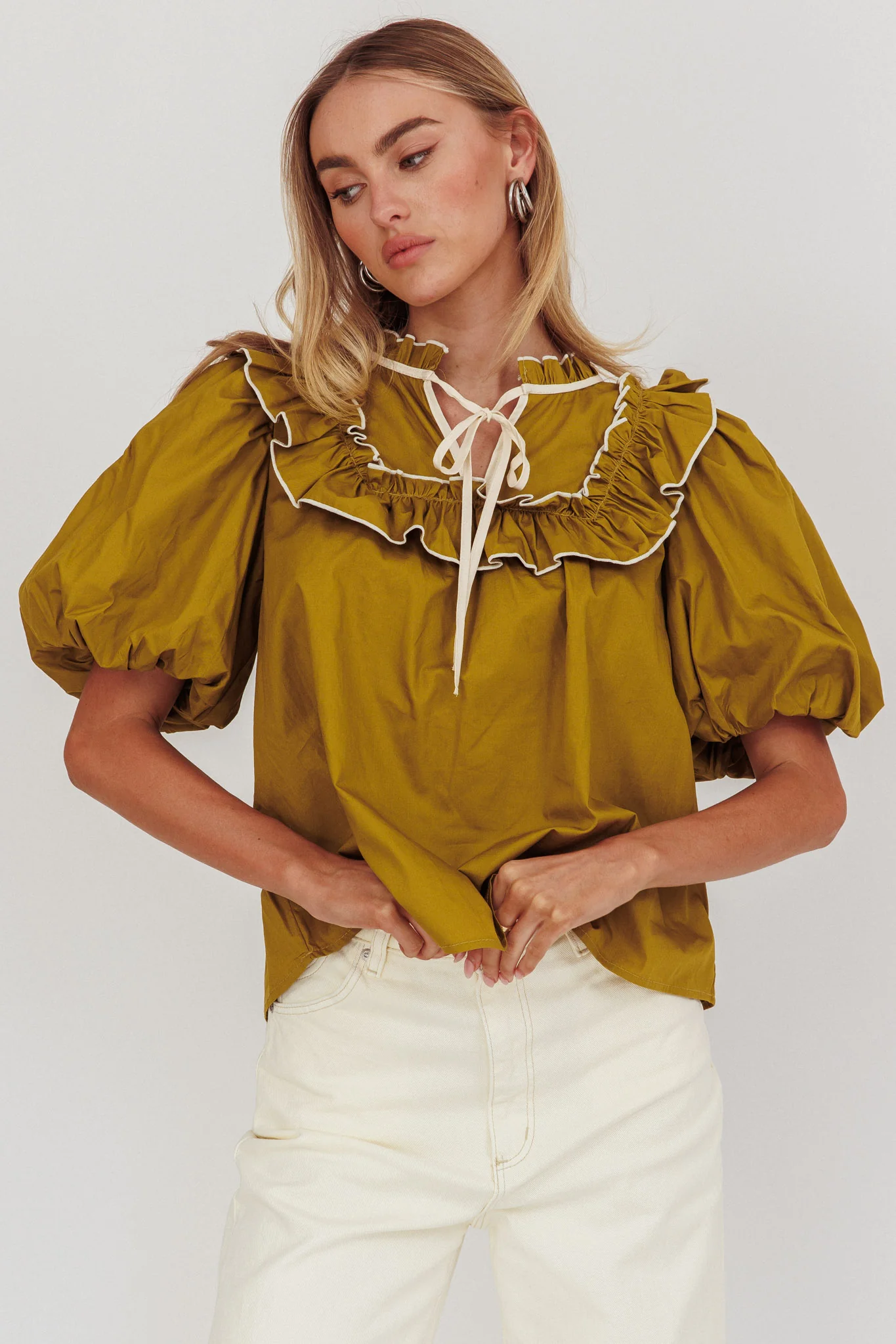 Remarkable Puff Sleeve Tied Neck Top Olive
