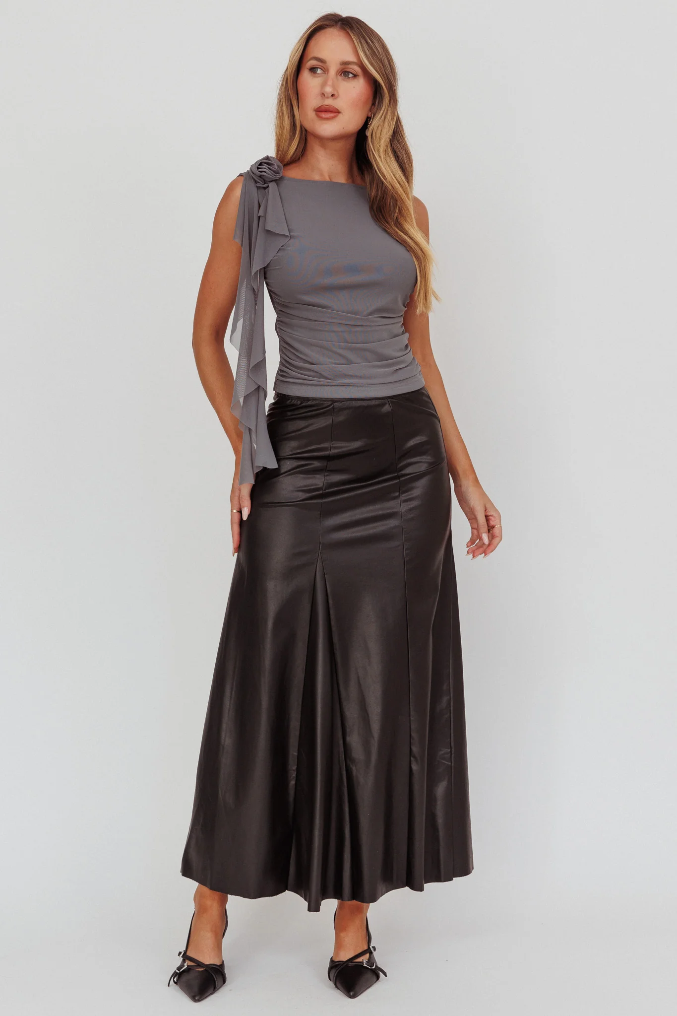 Galaxia A-Line Faux Leather Maxi Skirt Black