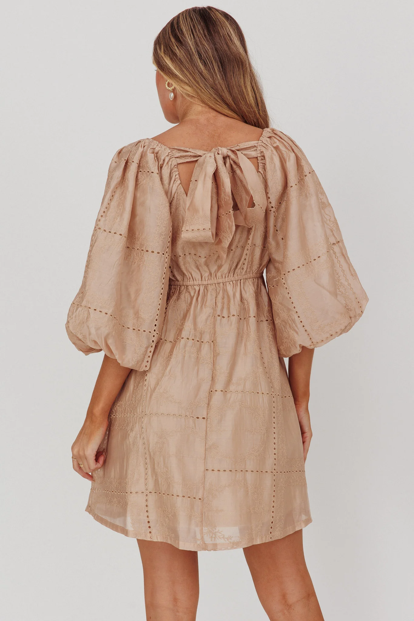 Summerlin Puff Sleeve Eyelet Mini Dress Beige