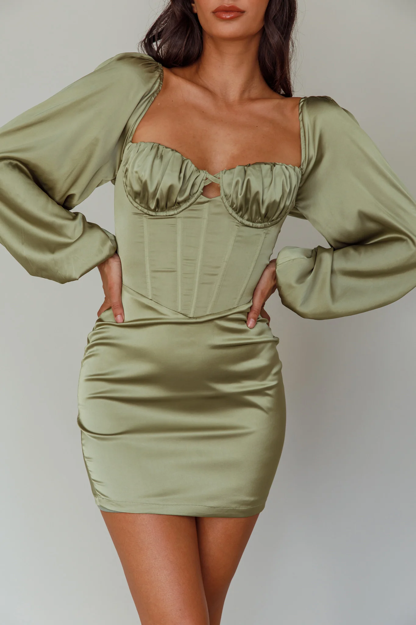 Au Revoir Long Sleeve Satin Mini Dress Sage