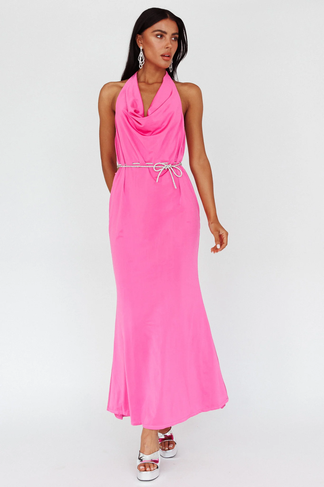 Emmi Cowl Neck Diamante Rope Dress Magenta