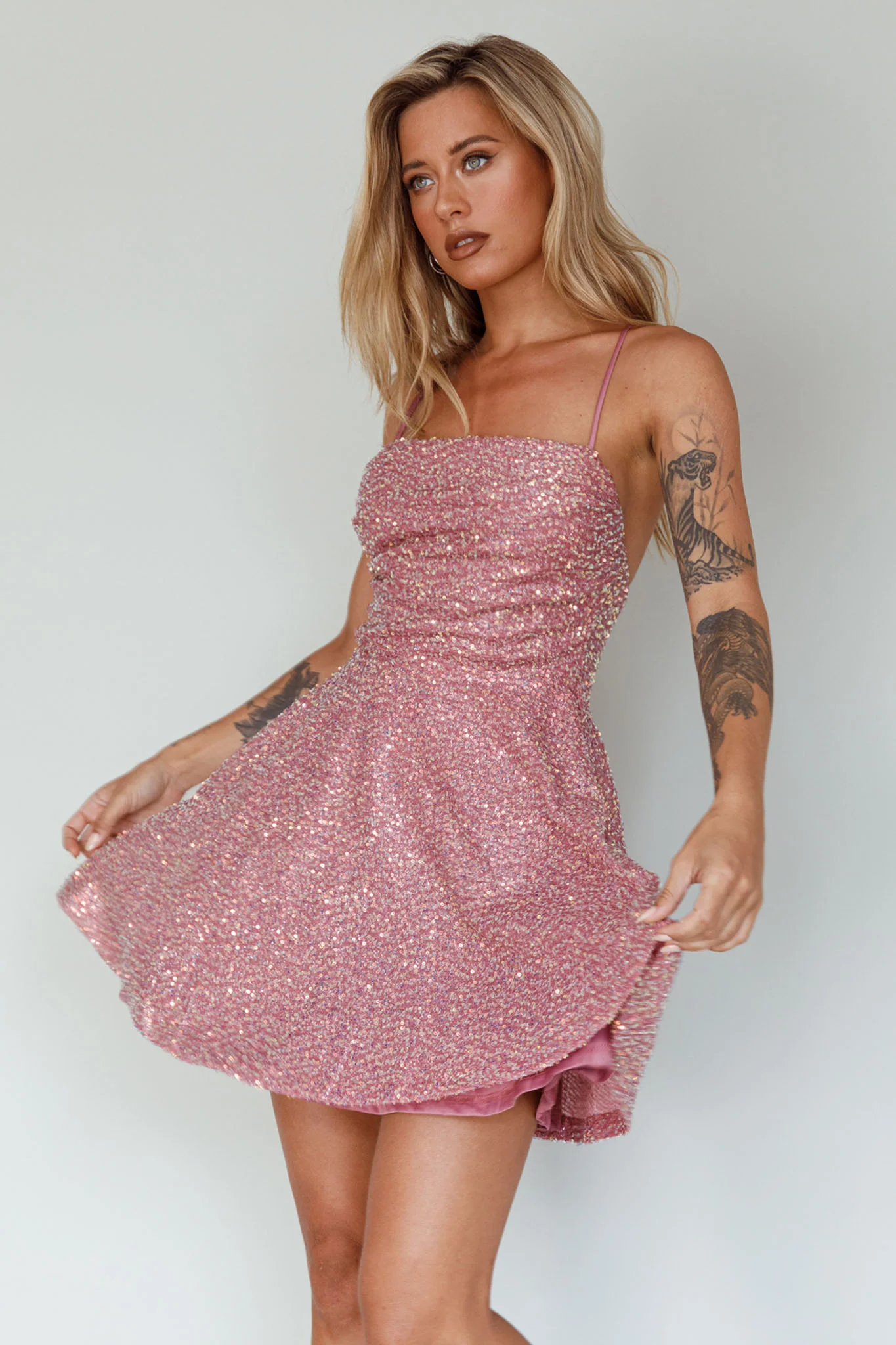 Into The Night Tied Back Sequin Dress Mauve