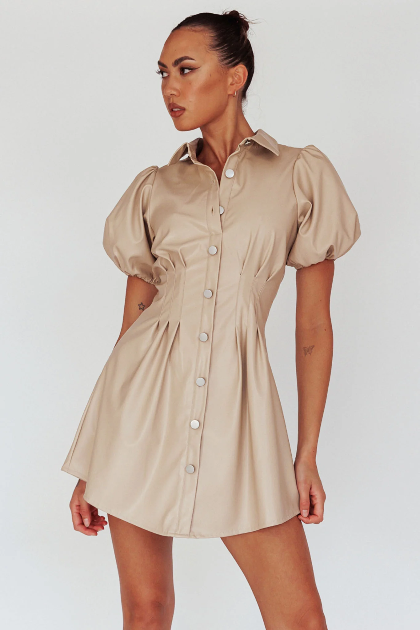 Zurich Pleated Waist Shirt Dress Faux Leather Nude