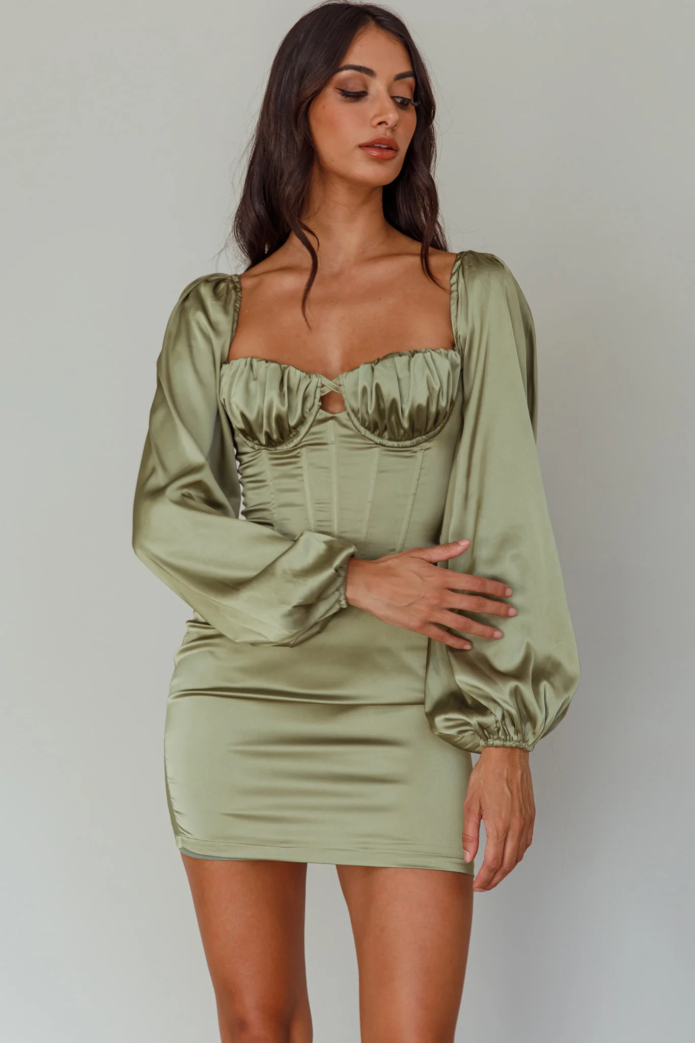 Au Revoir Long Sleeve Satin Mini Dress Sage