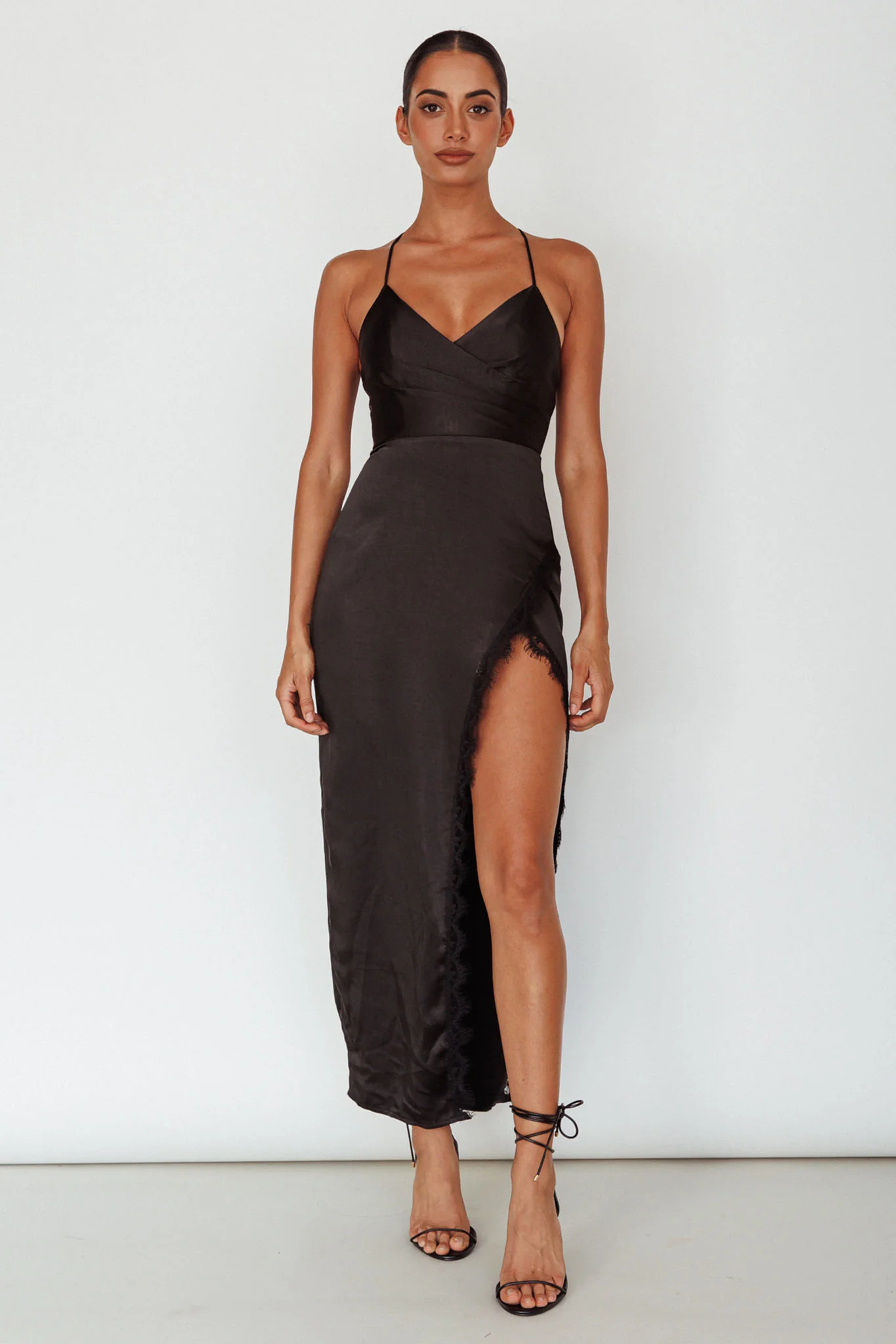 Winter Moon Lace Trim Midi Dress Black