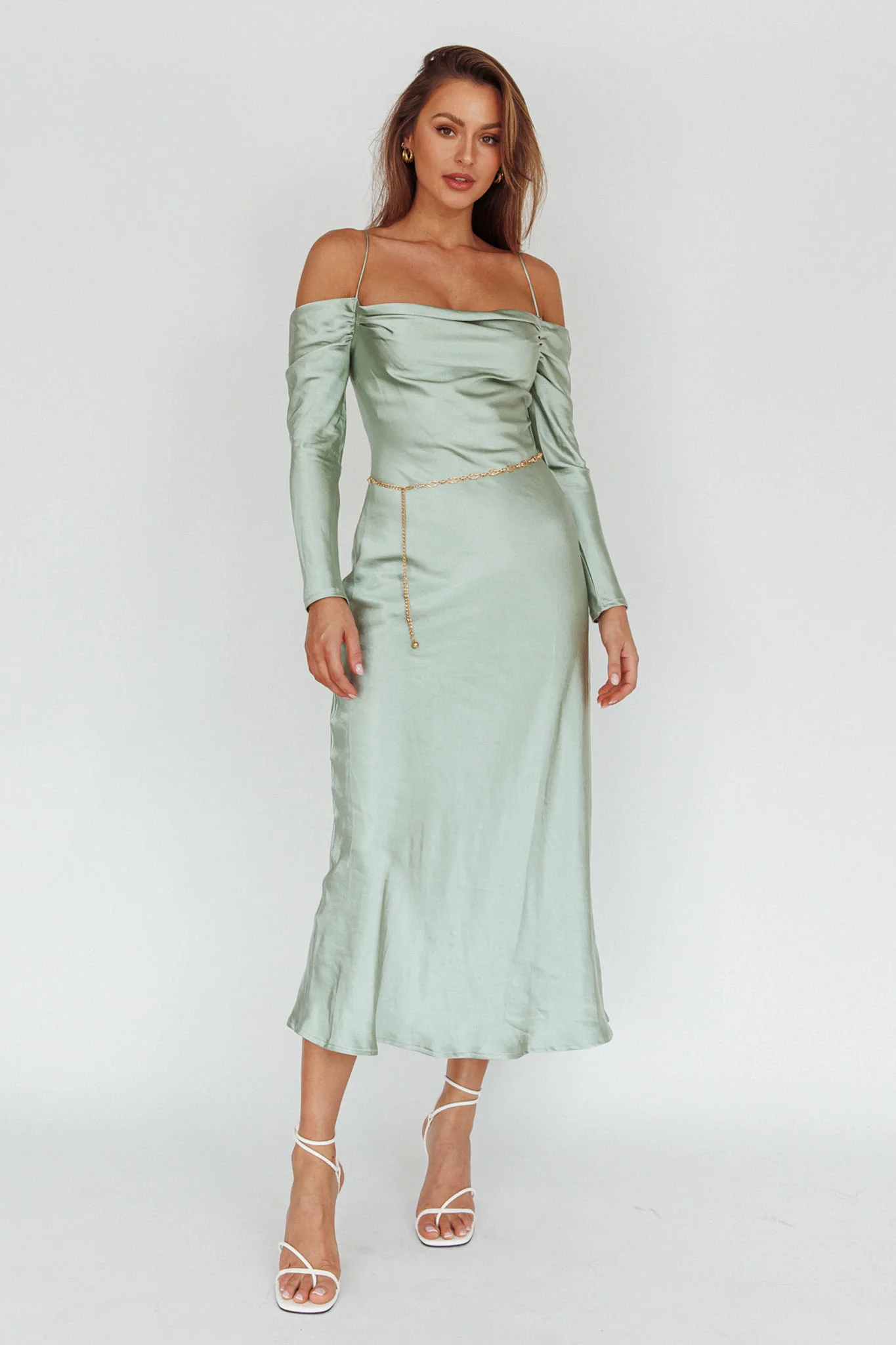 Ellory Long Sleeve Off-Shoulder Dress Sage