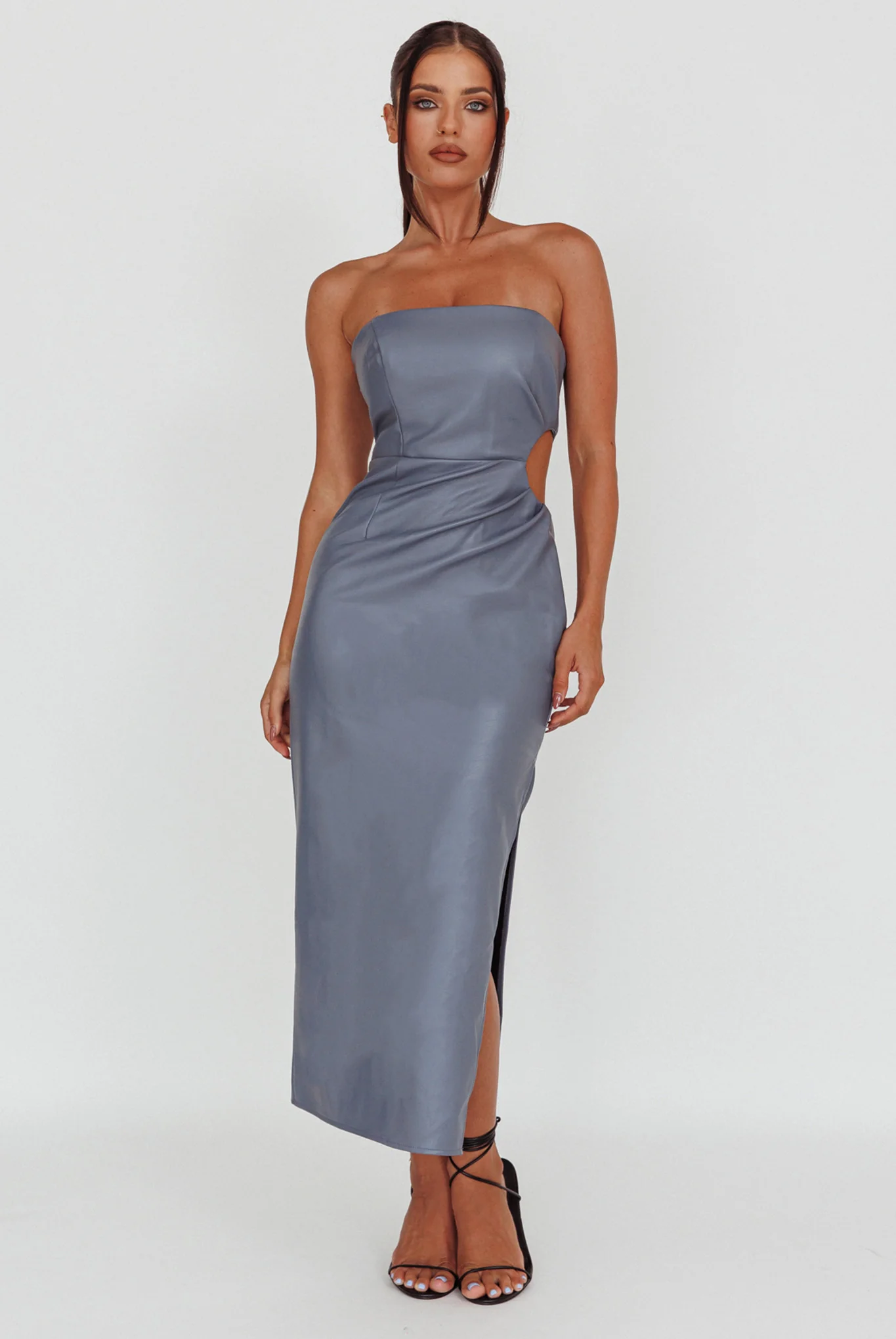 Taking Bets Strapless Midi Dress Leather Midnight Blue