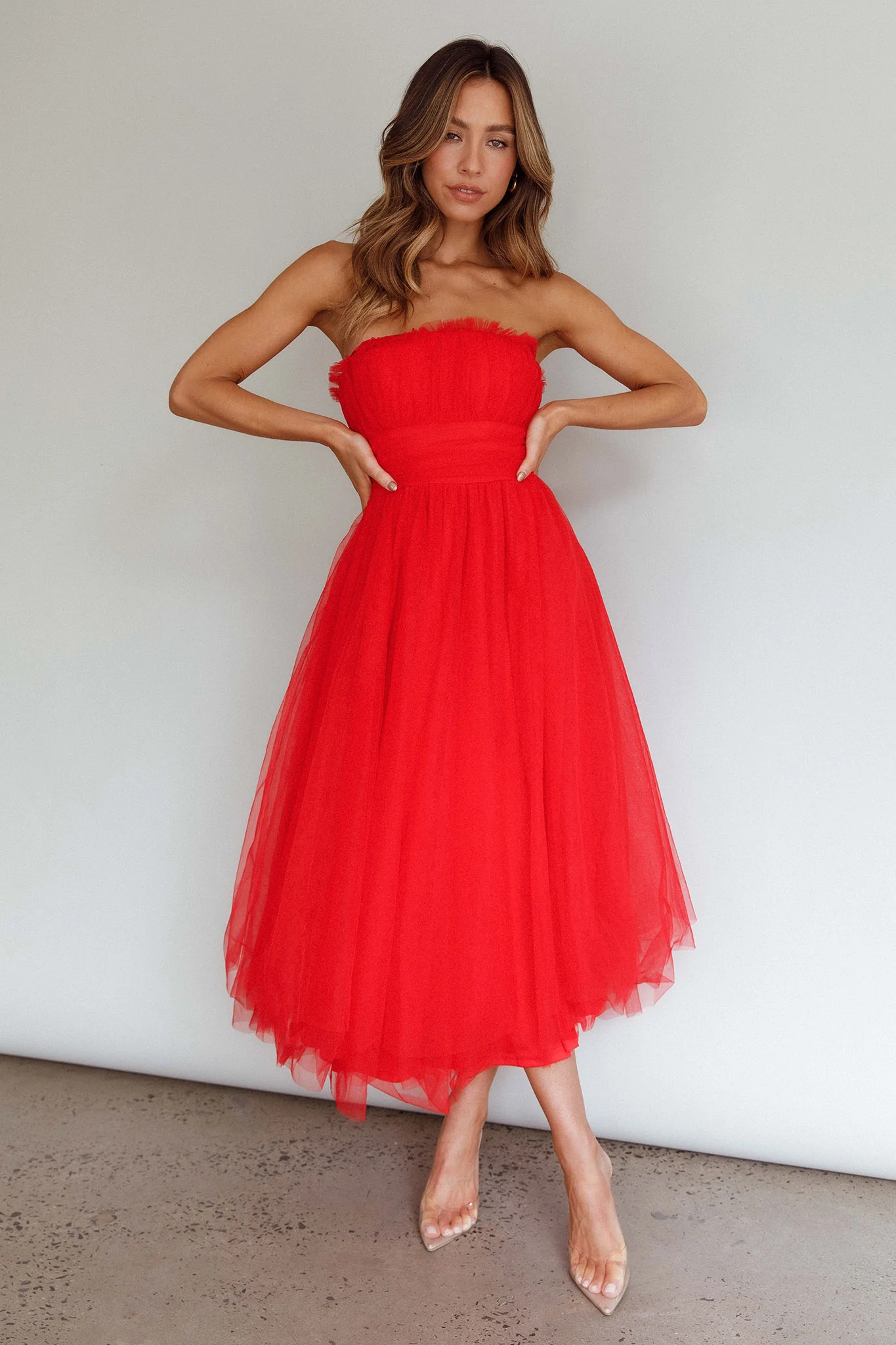 Fayette Strapless Mesh Midi Dress Red