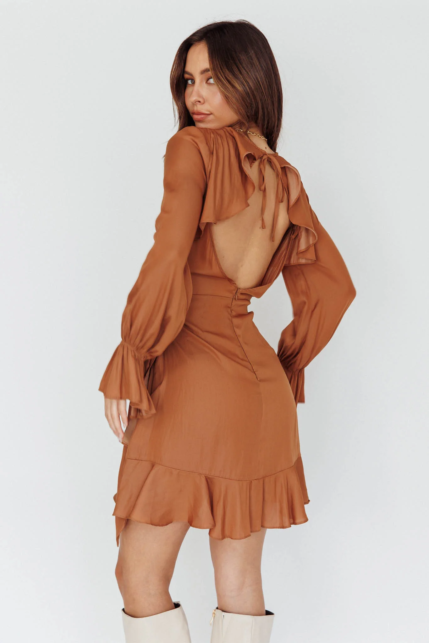 Darla Long Sleeve Satin Dress Tan